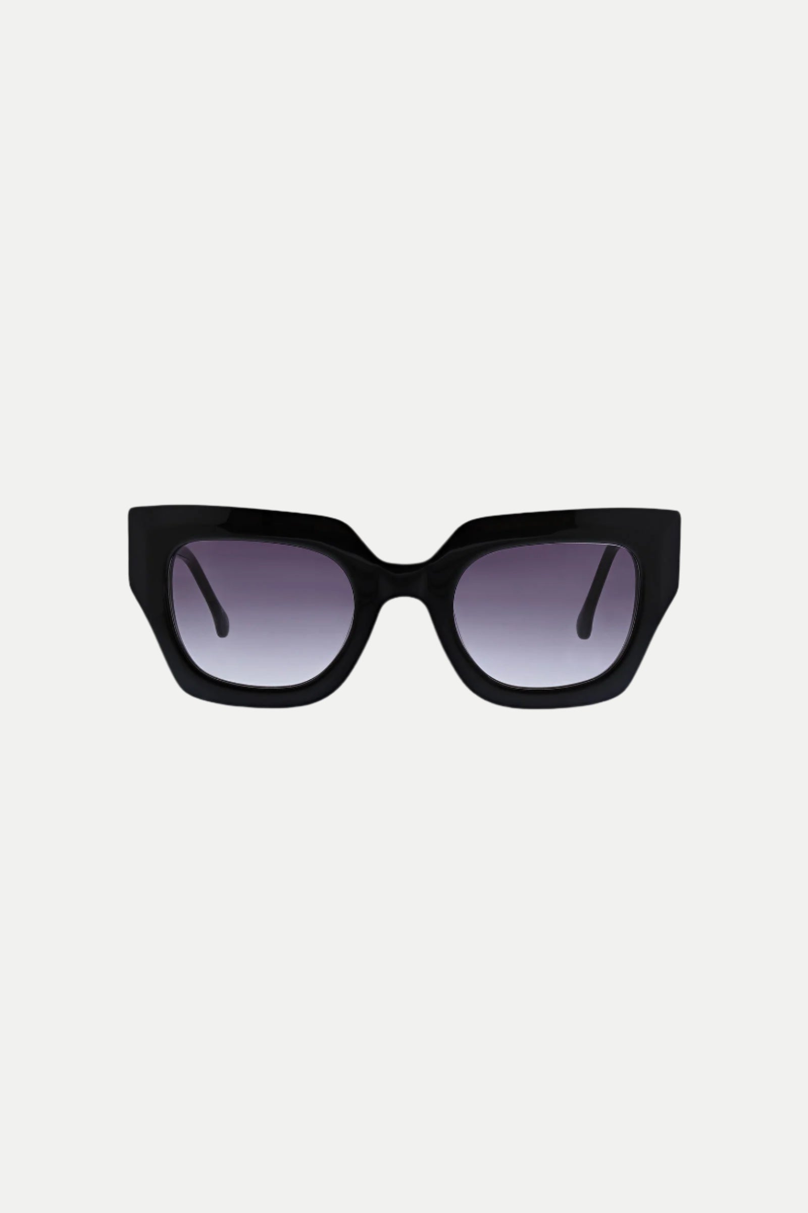 The Sol Wide Frame Square Acetate Sunglasses in black feature square frames and dark gradient lenses, displayed against a plain white background.