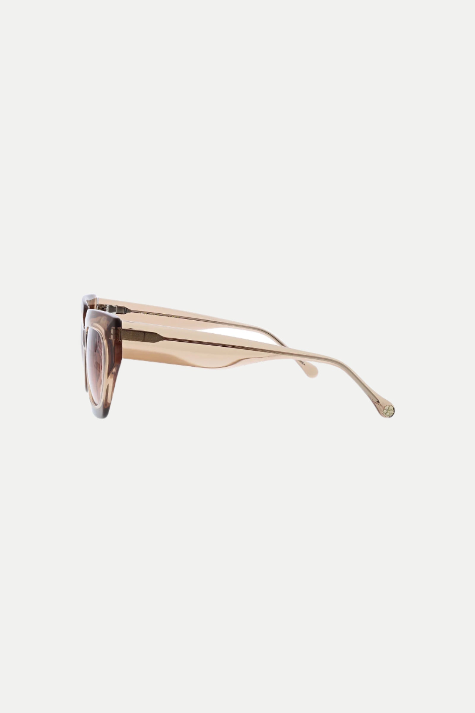 Side view of Sol Wide Frame Square Acetate Sunglasses featuring translucent brown frames and thin, light-colored arms, set against a white background.