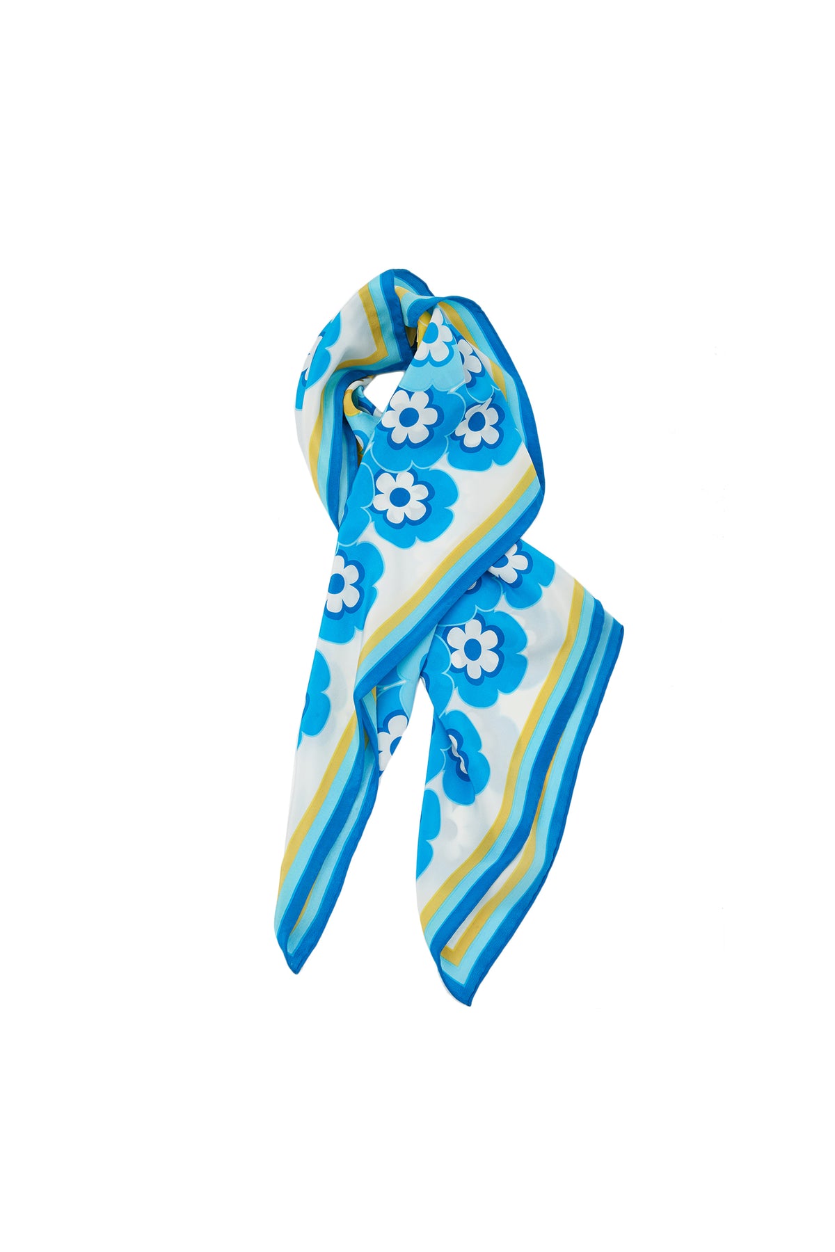 The Flower Power Scarf is a silky accessory with a blue, white, and yellow floral pattern of large stylized flowers and striped edges, neatly folded on a white background.