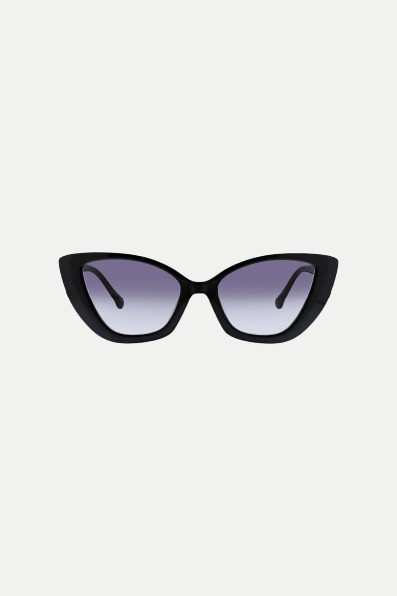 Tenerife Cat Eye Acetate Sunglasses in black, featuring dark gradient lenses, displayed against a plain white background.