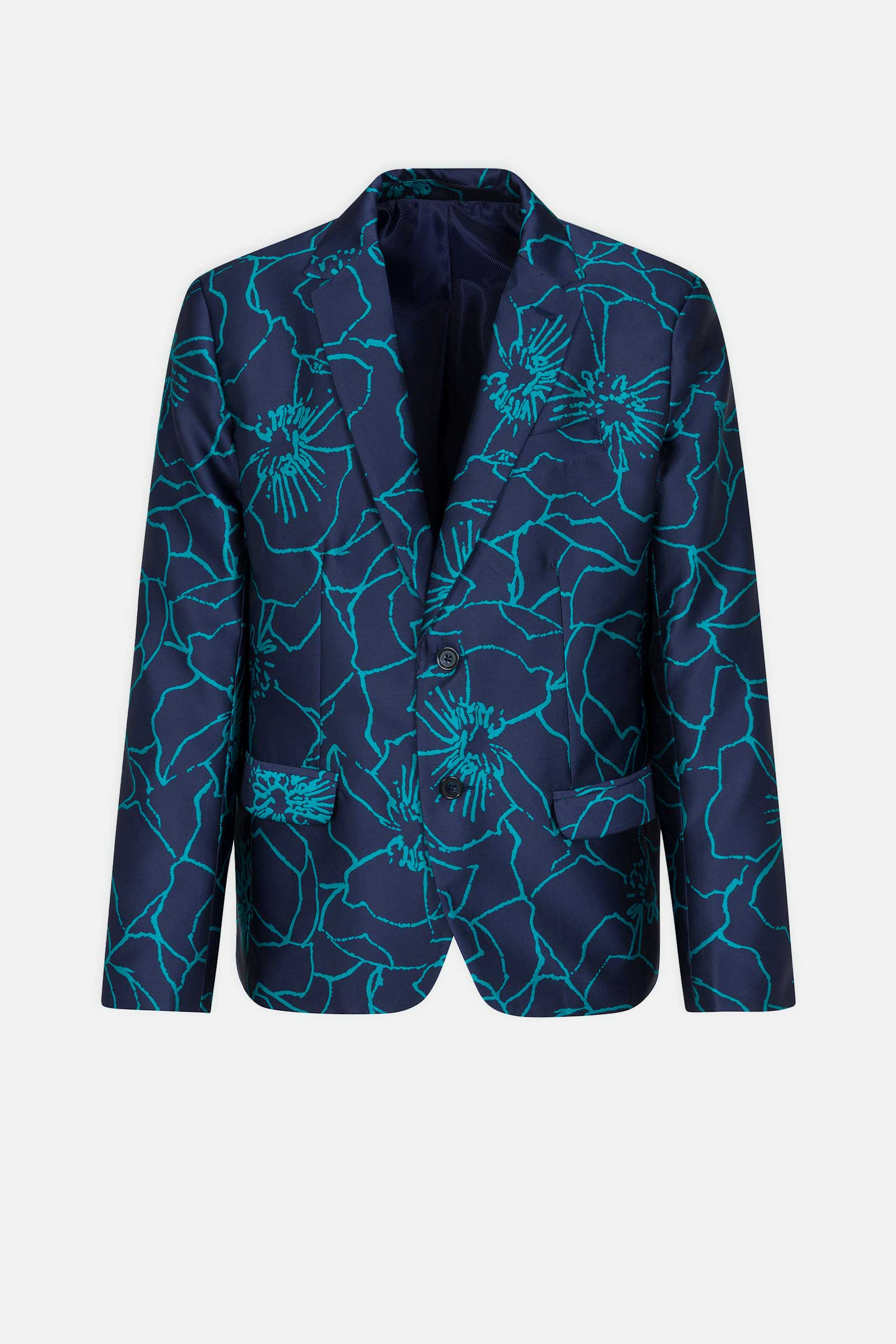 The Thurston Blazer - Jucara Jacquard is a dark blue blazer with a teal floral pattern, two-button closure, and a notched lapel, shown against a plain light background.