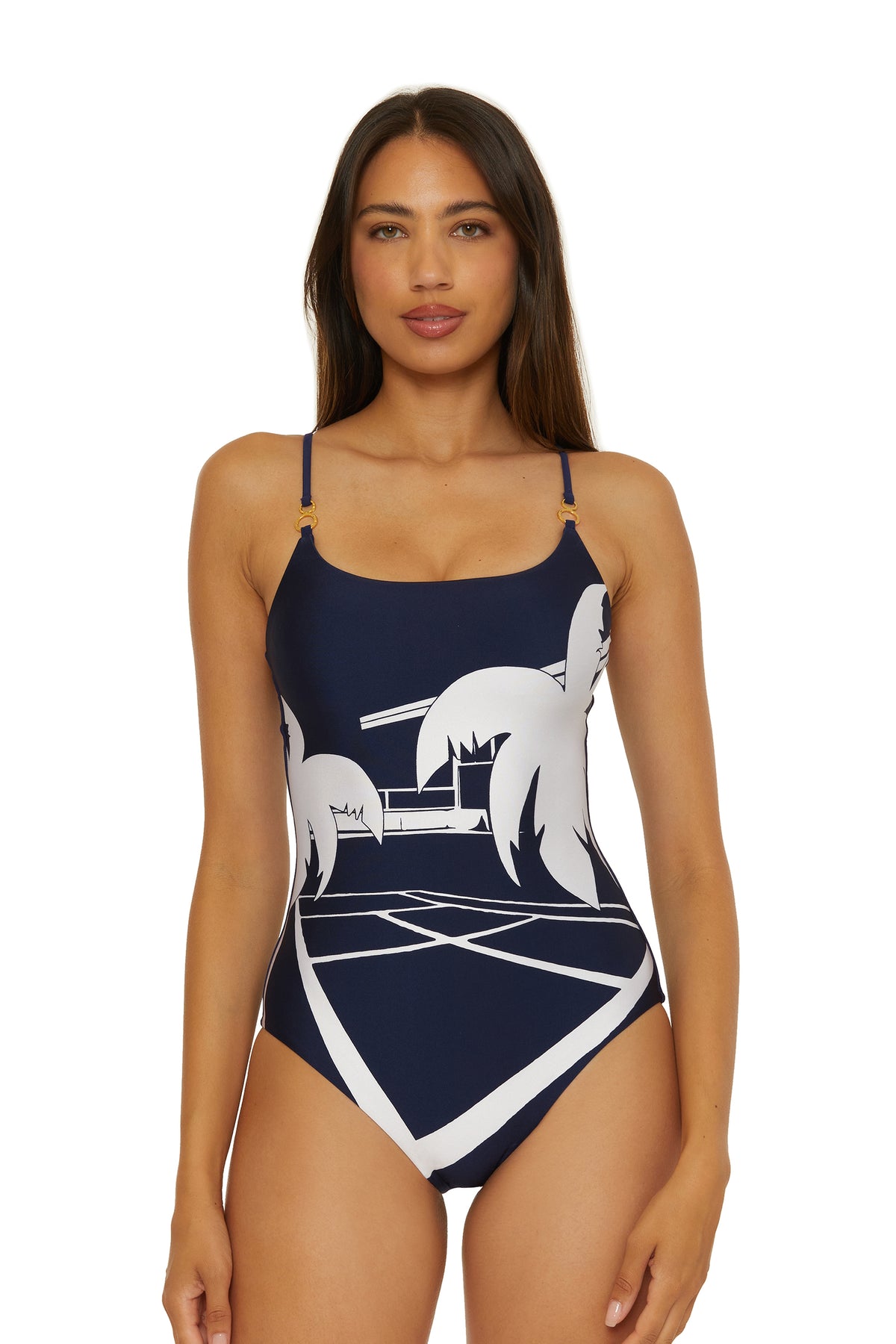 A woman models the Scoop Neck One-Piece Swimsuit - Trina Tennis in ink, featuring white palm tree and geometric patterns, standing front-facing against a plain white background.