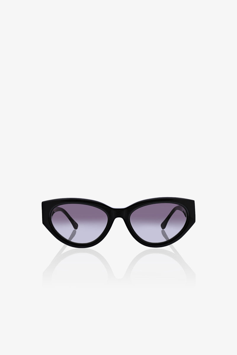 Boulders Sunglass in a black cat-eye style with dark tinted lenses, displayed on a white background.