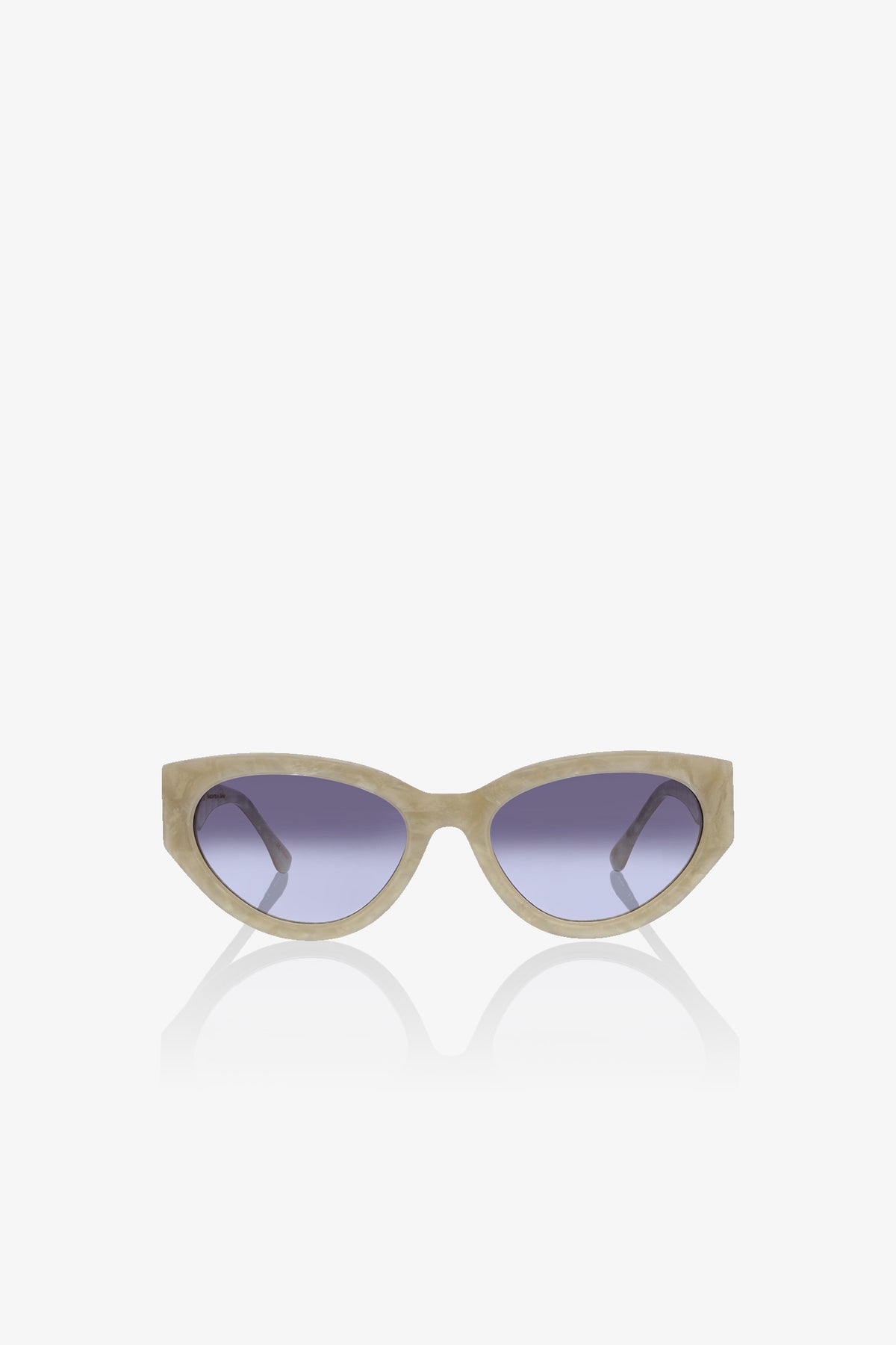 Boulders Sunglass in a beige cat-eye frame with blue-tinted lenses, displayed on a white background.