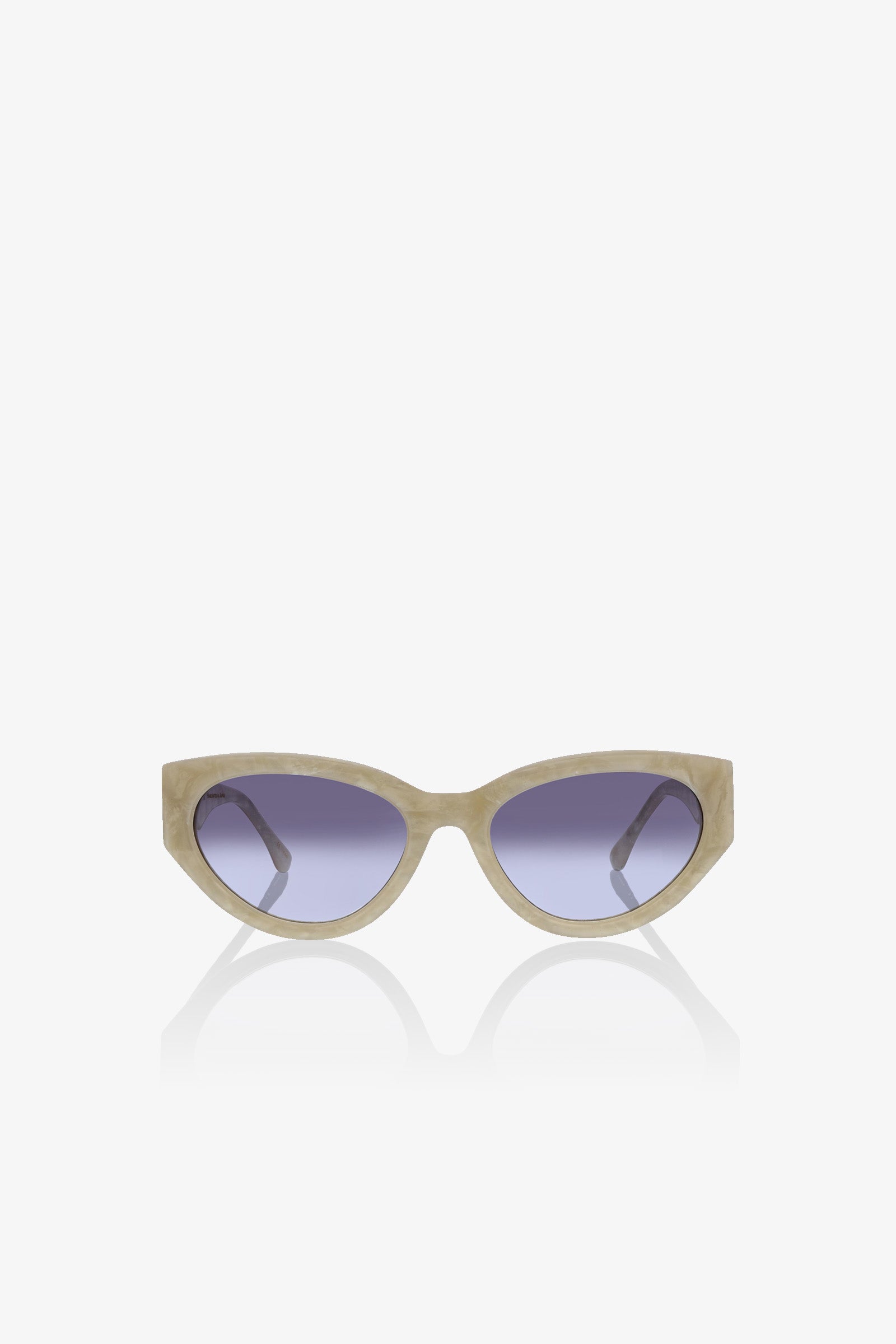 Boulders Sunglass in a beige cat-eye frame with blue-tinted lenses, displayed on a white background.