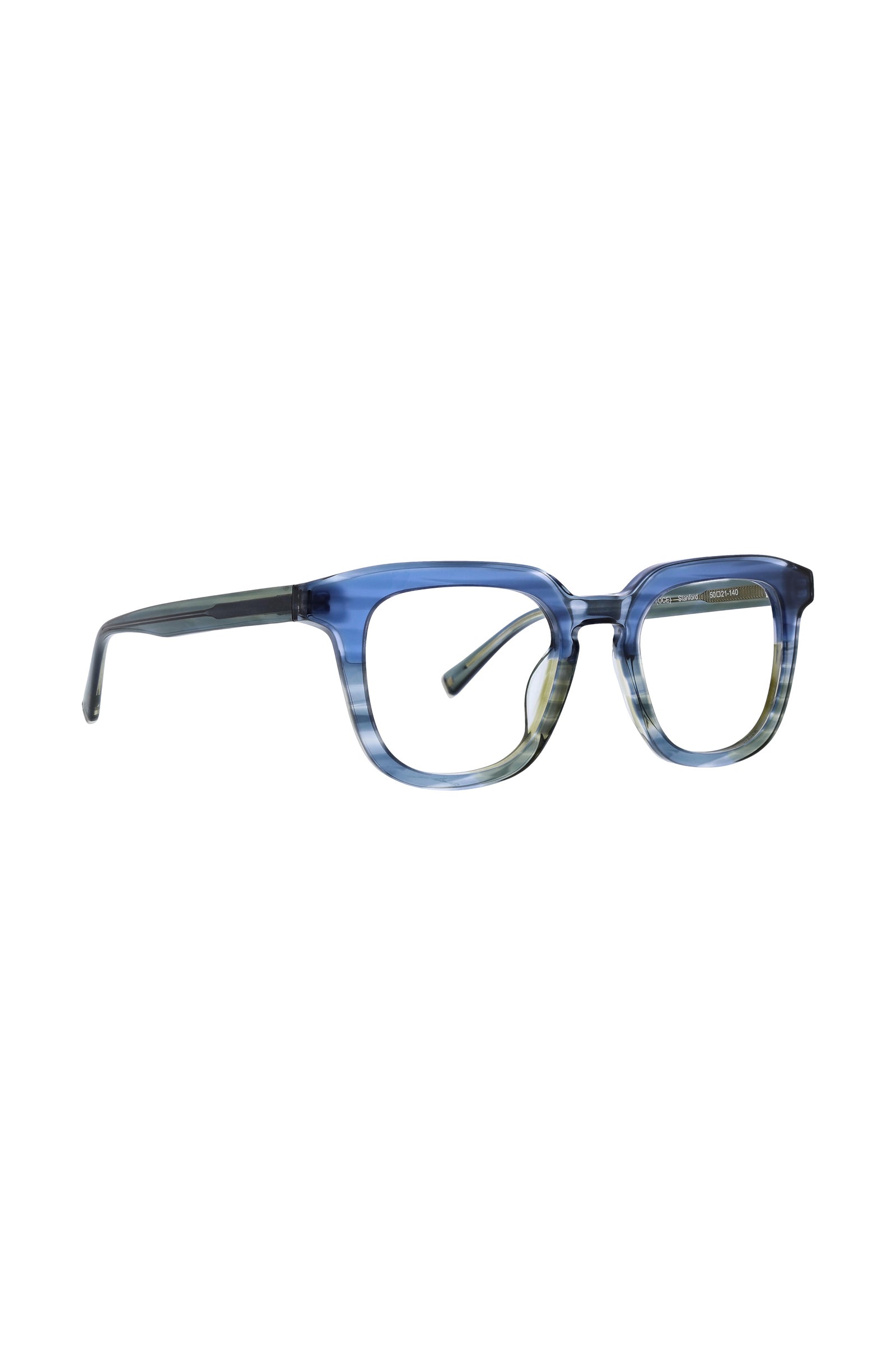 The Stanford Eyeglass features blue and clear lightweight acetate with rectangular frames, straight arms, and a keyhole bridge, shown on a white background.