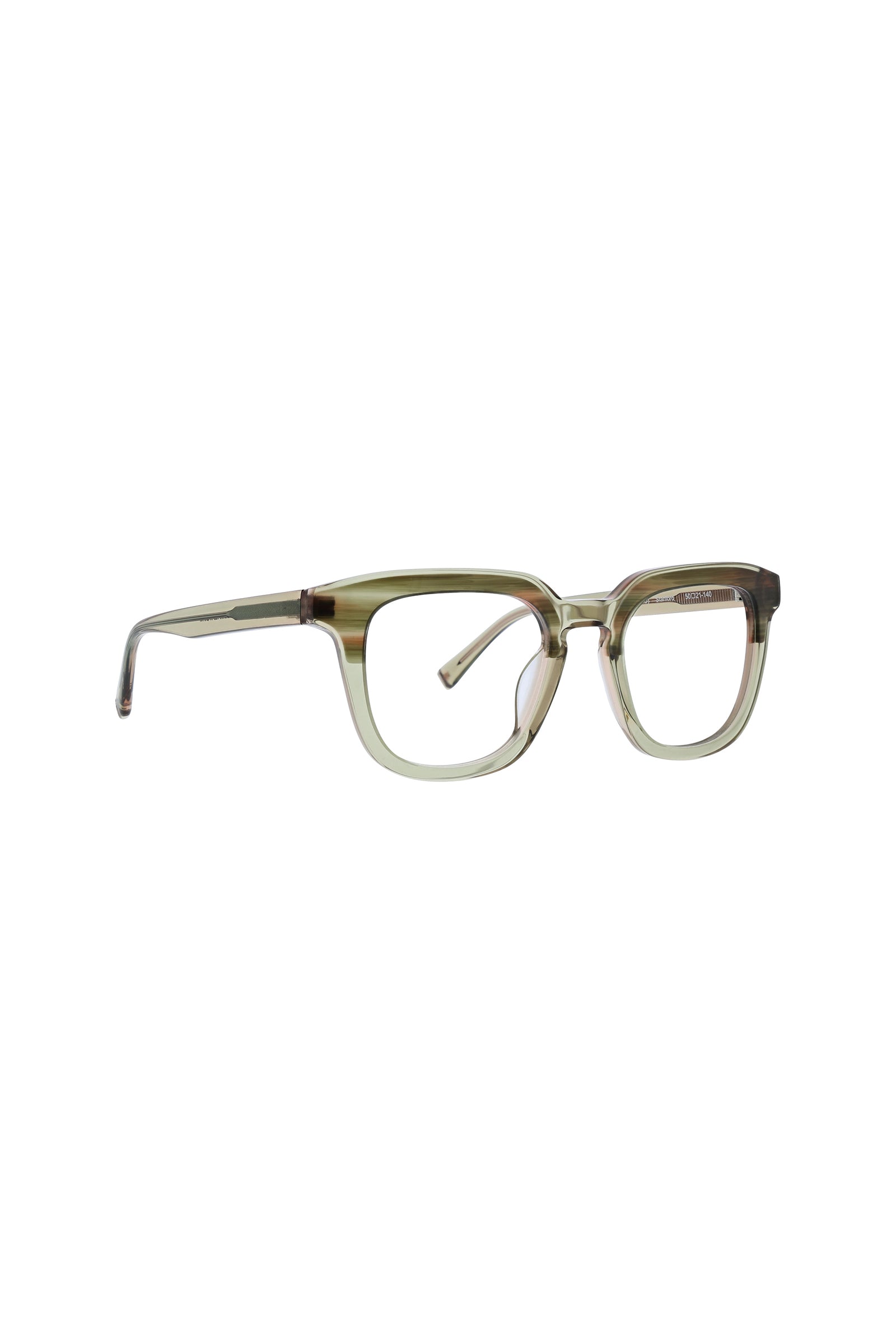 The Stanford Eyeglass features transparent light green rectangular frames made from lightweight acetate with thick, slightly rounded edges, showcased from a side view against a white background.