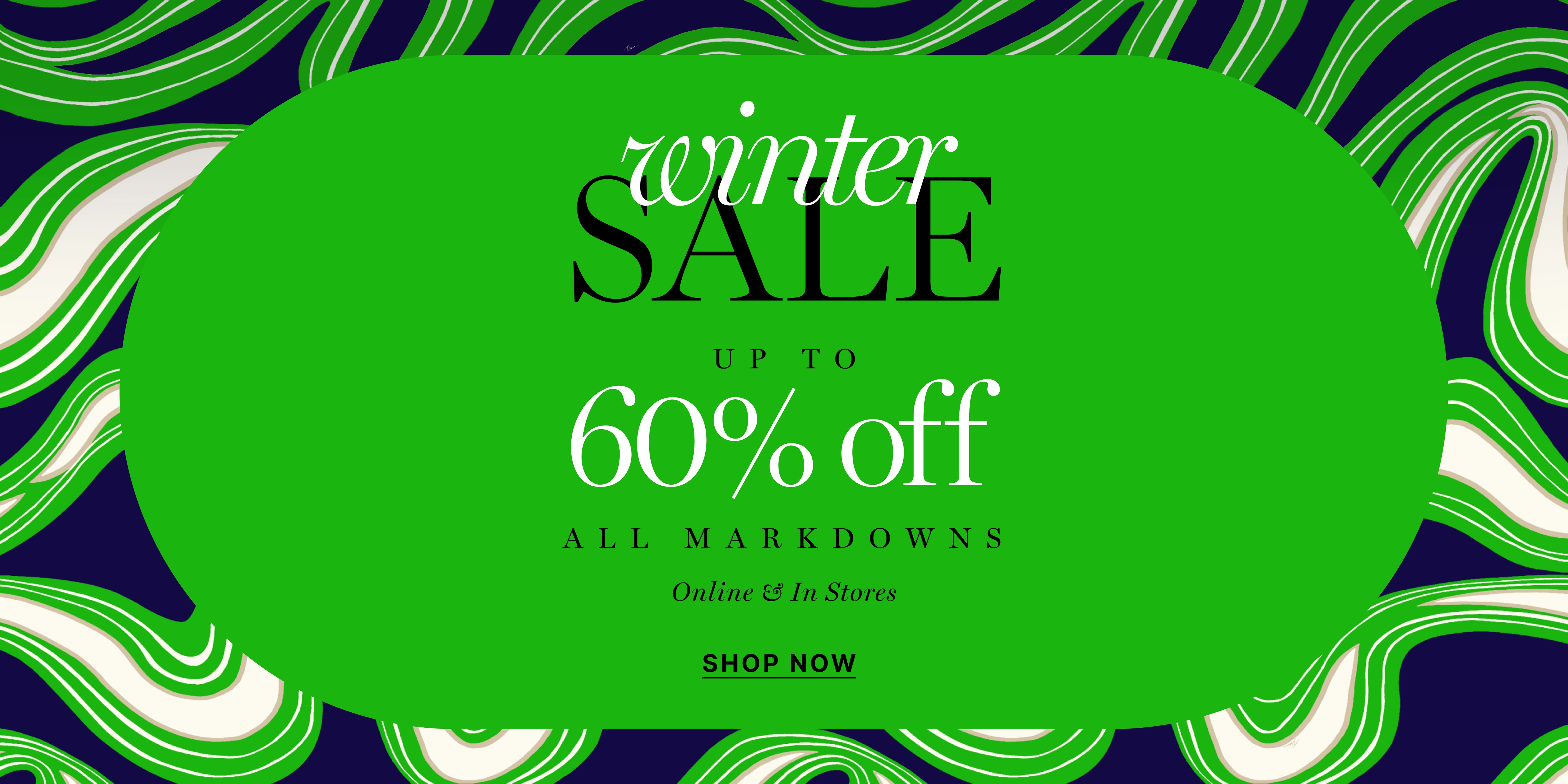 Winter sale advertisement with green text box on a blue and white wavy background