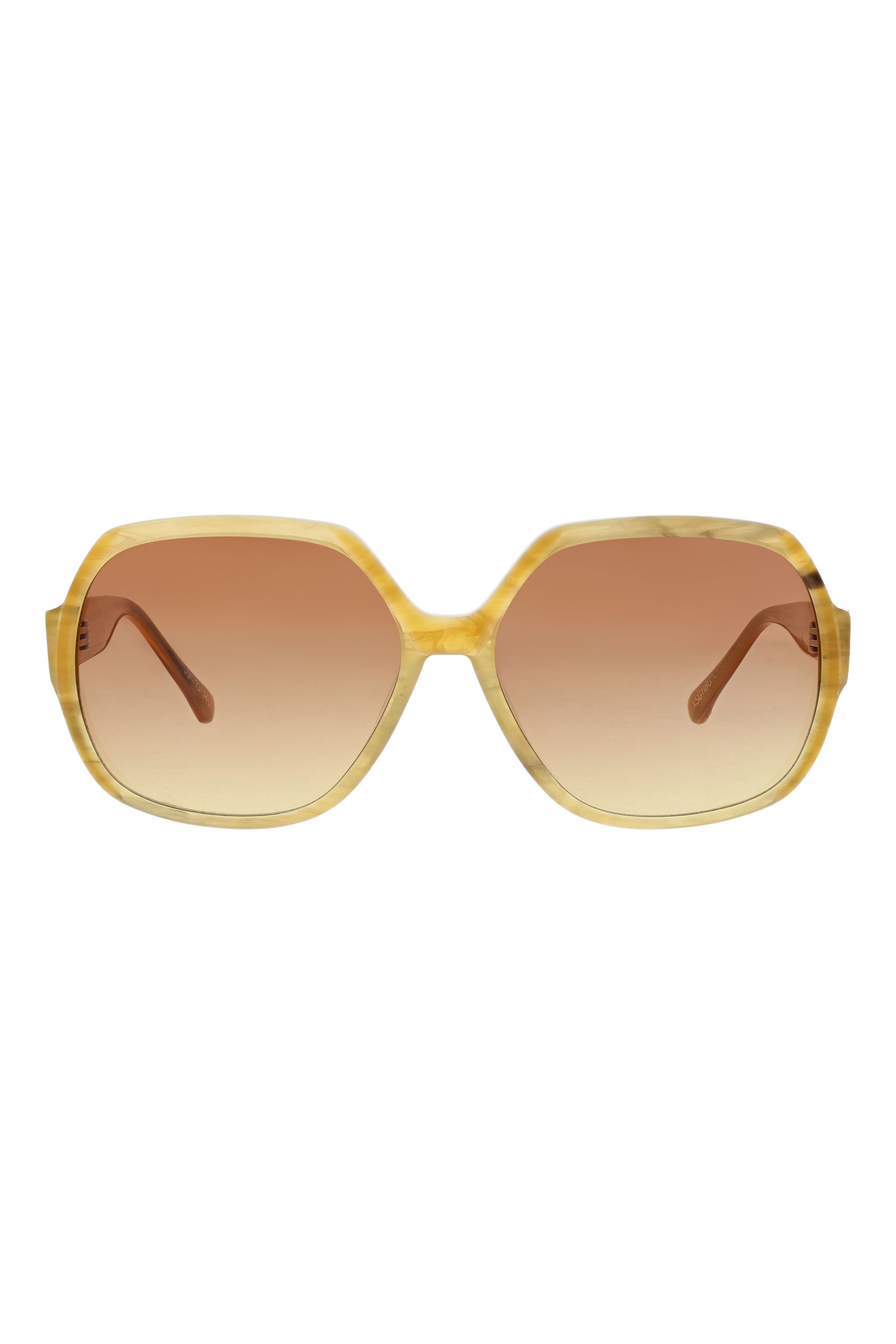 The Tresco Sunglass features large, rounded oversized square frames in yellow tortoiseshell with brown gradient lenses for 100% UVA/UVB protection, showcased against a white backdrop.