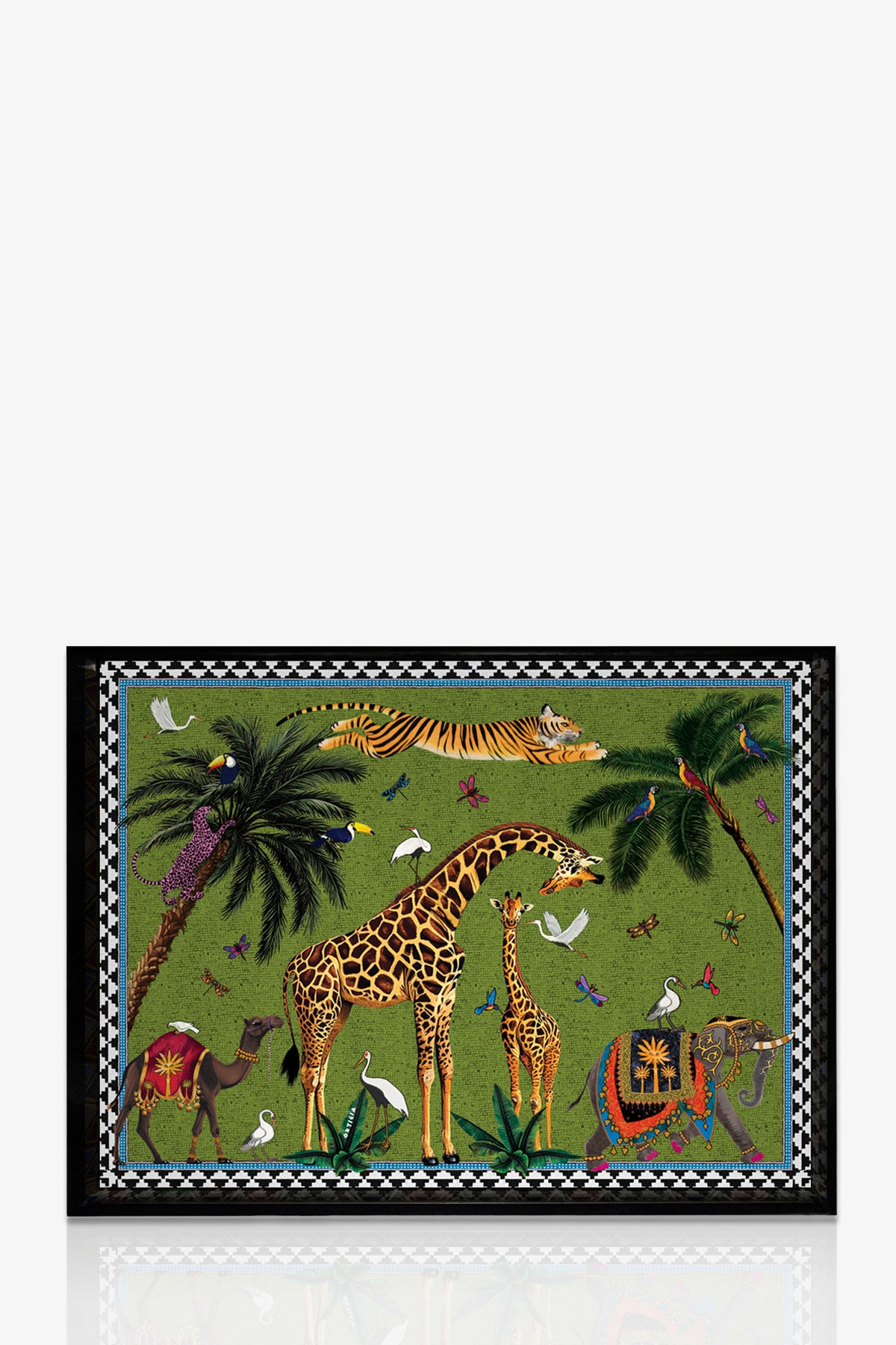 The Ortigia Flying Tiger Small Tray features a green background with illustrated giraffes, palm trees, a tiger, elephant, camel, birds, and is bordered by a black and white geometric pattern.