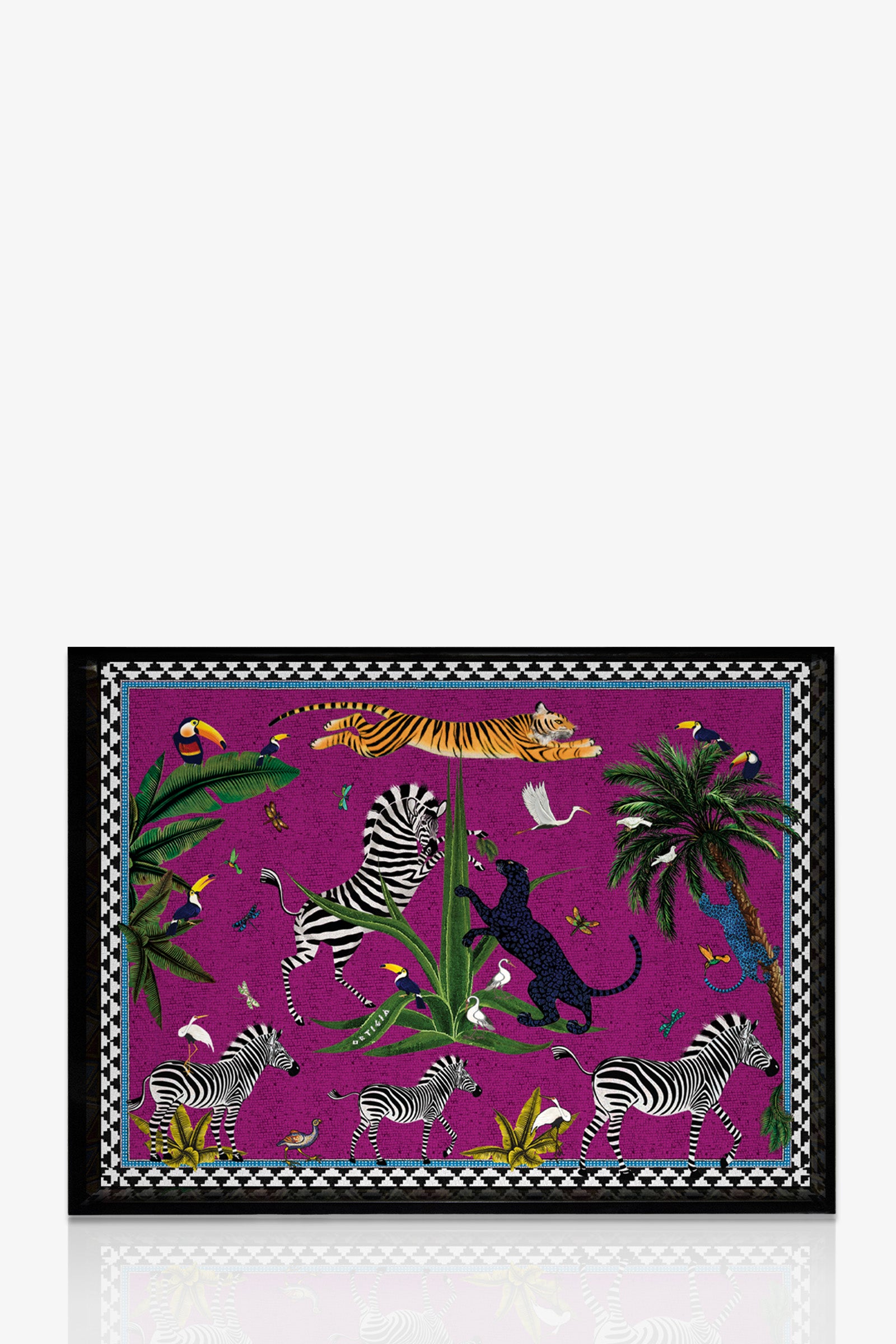 The Ortigia Flying Tiger Small Tray is a colorful rectangular tray with a purple background, illustrated zebras, tiger, black panther, birds, tropical plants, and a black and white geometric border.