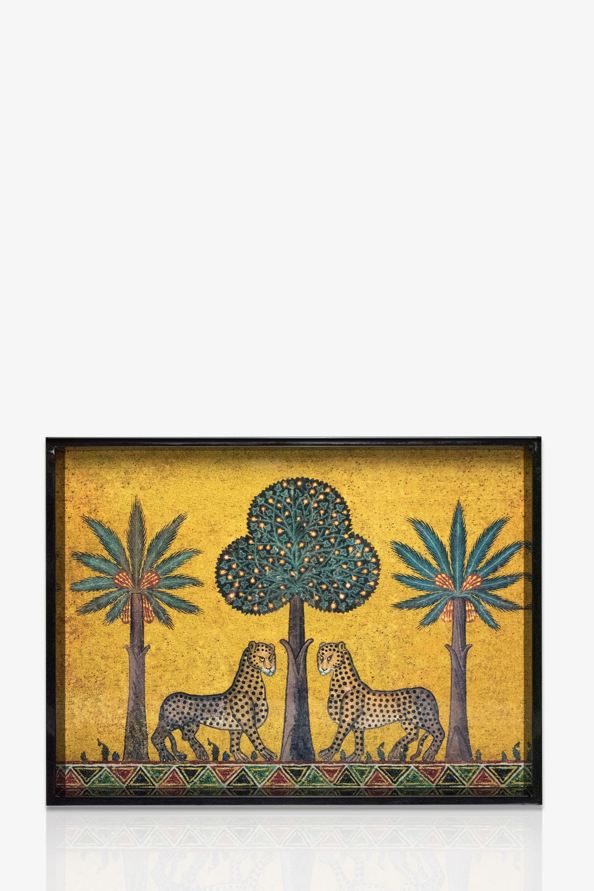 The Ortigia Large Tray features two leopards facing a central tree, flanked by palm trees on a yellow background with intricate details and a decorative bottom border.