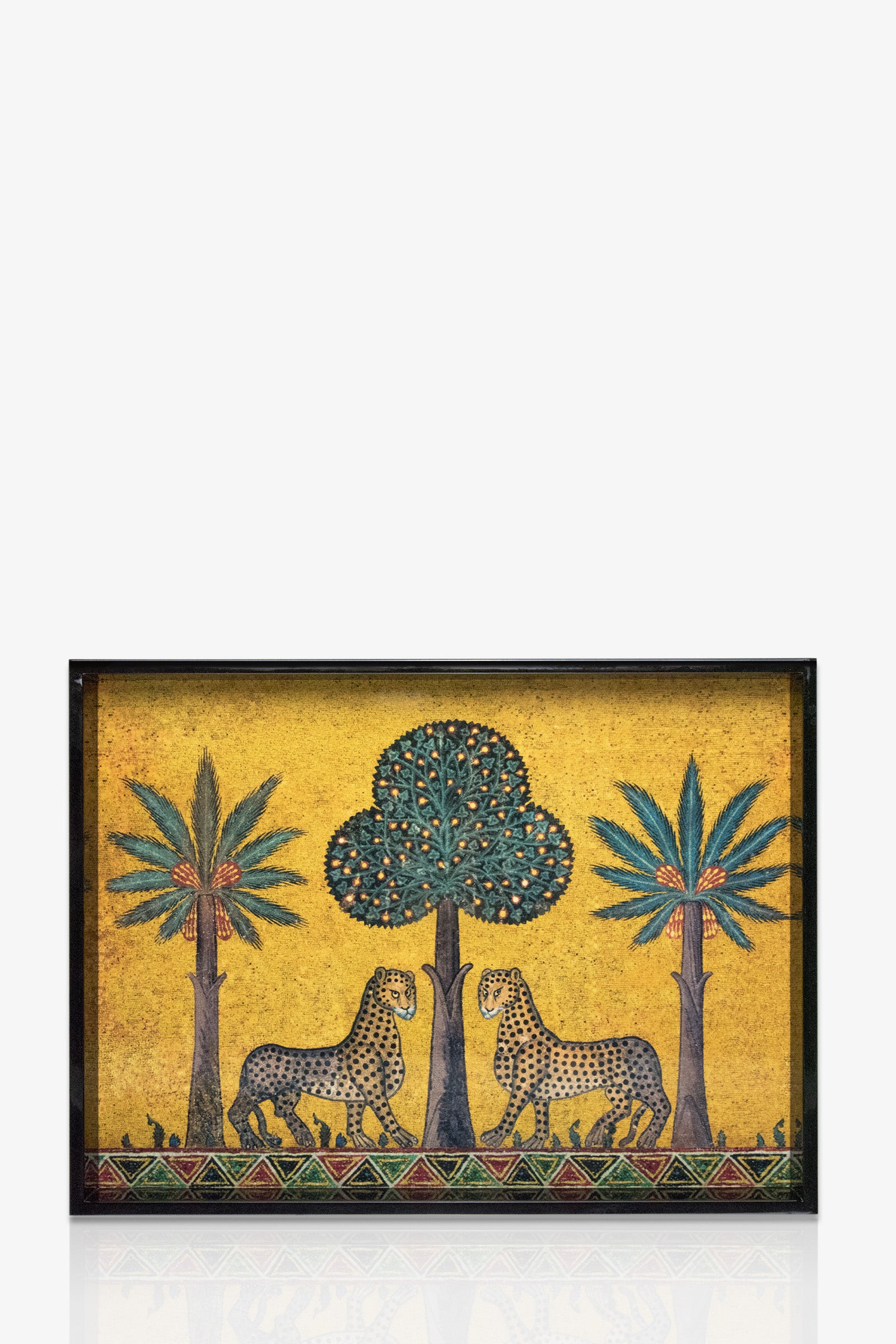 The Ortigia Large Tray features two leopards facing a central tree, flanked by palm trees on a yellow background with intricate details and a decorative bottom border.