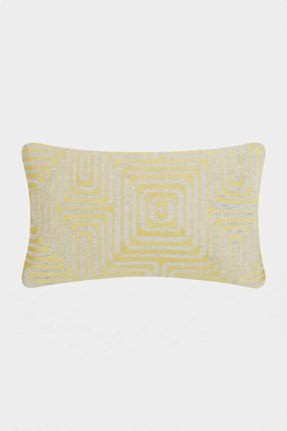 The Amazing Maze Embroidered Pillow is a rectangular pillow featuring a modern yellow and white geometric square pattern with overlapping squares and lines on a white background.