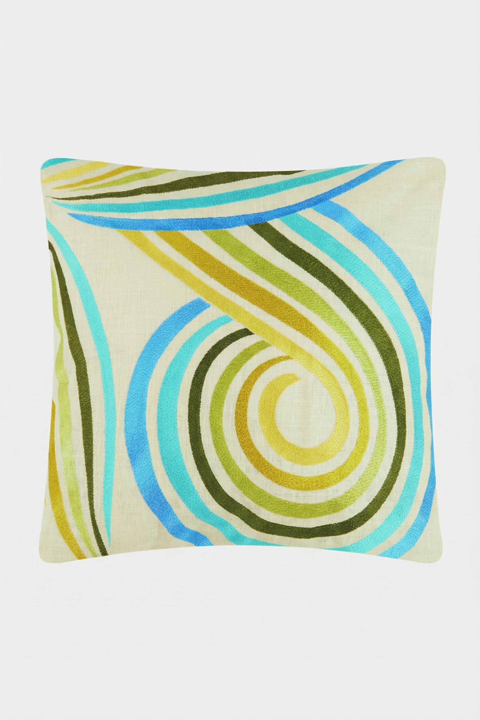 The CALEXICO EMB PILLOW 20X20" features a cream background with vibrant blue, green, yellow, and olive swirling patterns in an abstract design, adding a modern touch to your space.