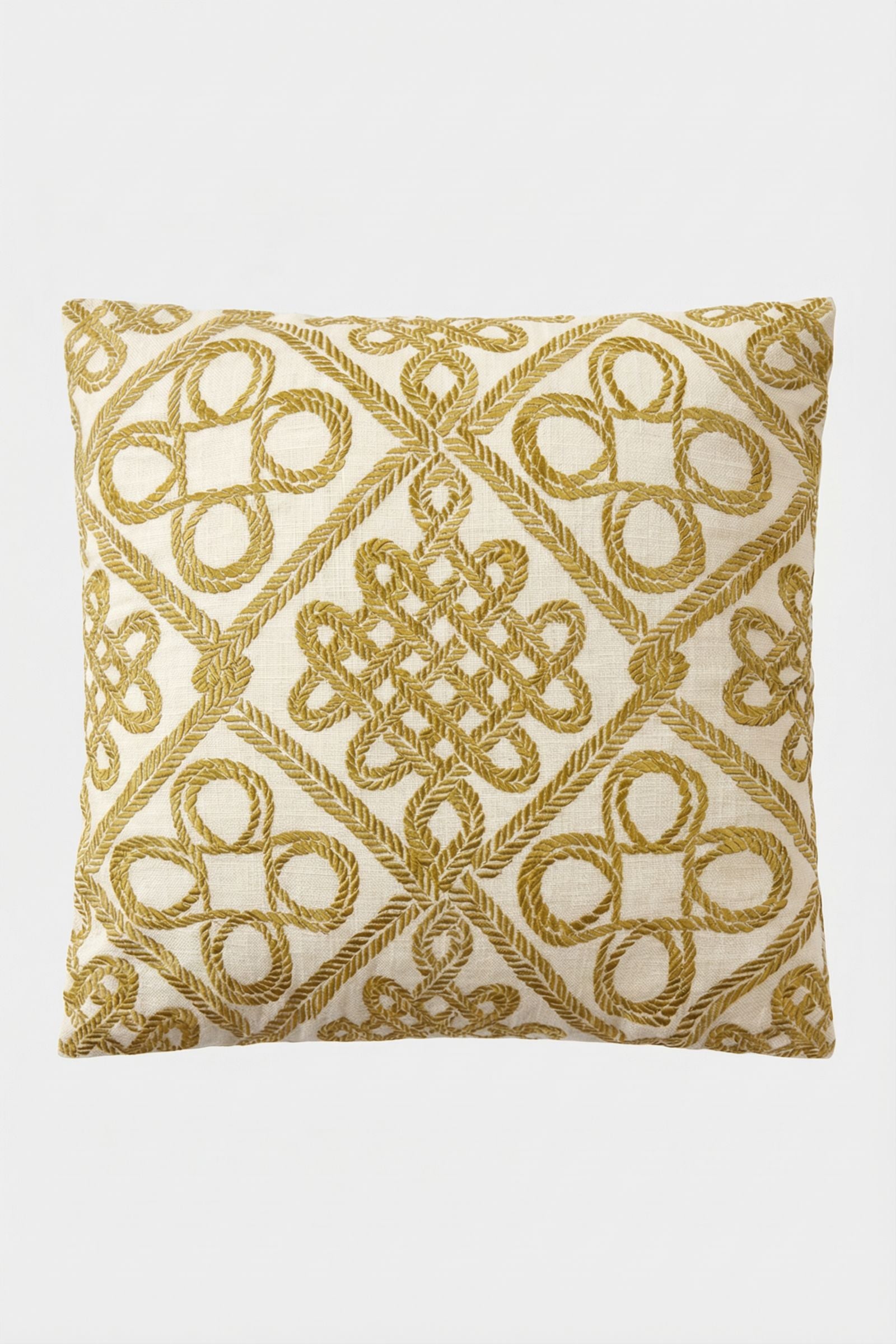 The Costa Mesa Embroidered Throw Pillow is a square cushion with a beige background, detailed with an intricate gold geometric and knot embroidery across the surface.