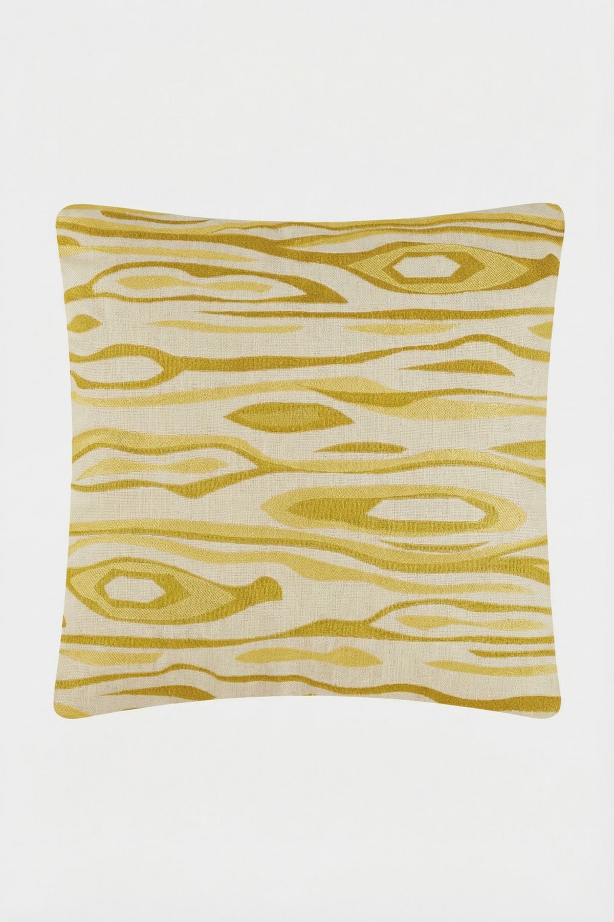 The Monterey Embroidered Throw Pillow features a yellow and beige abstract woodgrain pattern on fabric, displayed against a plain white background.