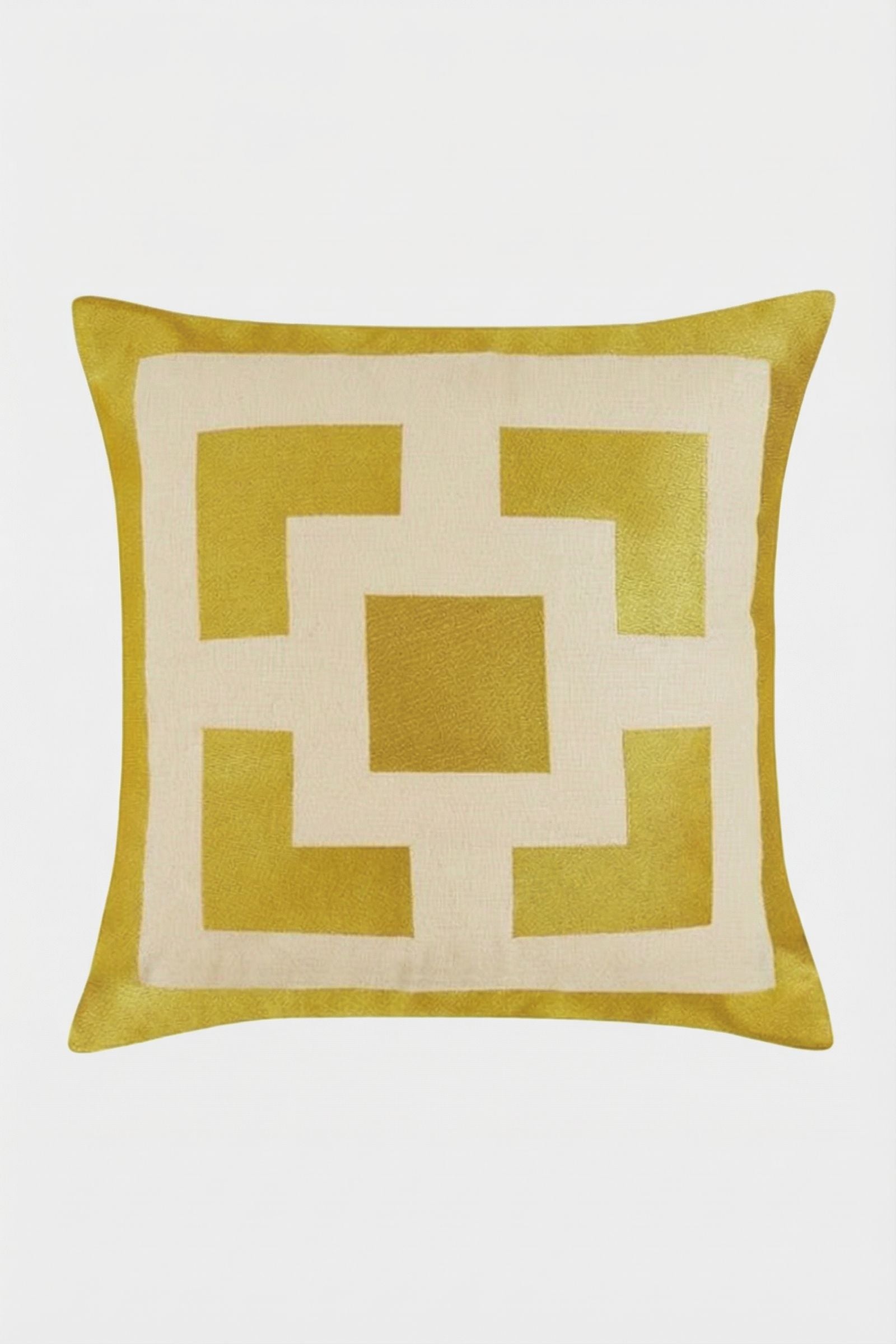 The Palm Springs Block Embroidered Pillow is a 20"x20" pillow cover with a gold and cream geometric pattern of interlocking rectangles on a white background, filled with plush down feathers.