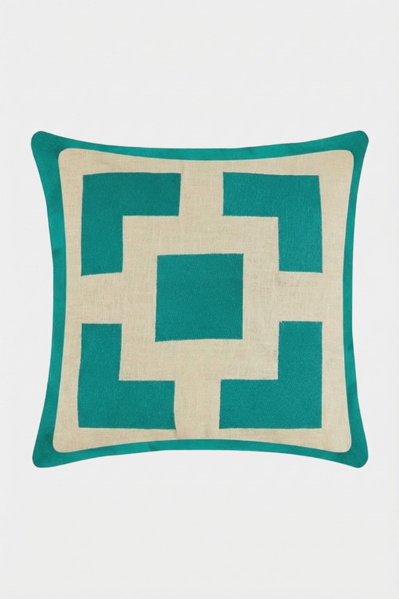 The Palm Springs Block Embroidered Pillow is a 20"x20" cover with bold turquoise geometric embroidery forming symmetrical squares on a beige background.