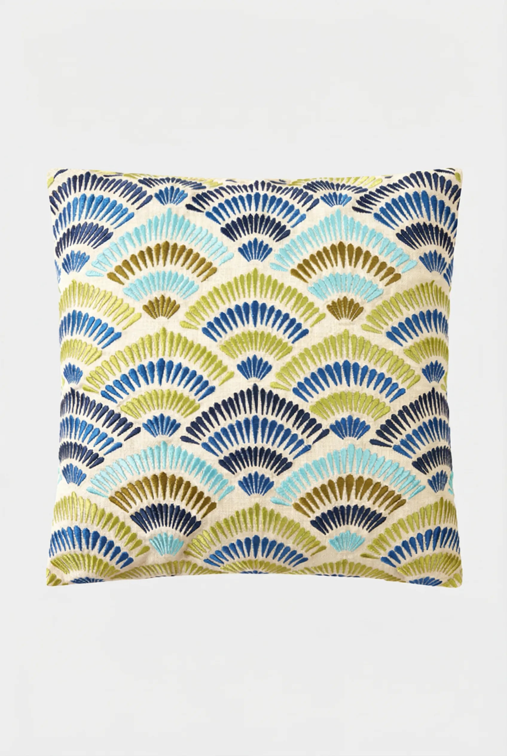 The Pasadena Embroidered Euro Throw Pillow features a modern, vibrant fan-like geometric pattern in blue, green, yellow, and white on a plain background.