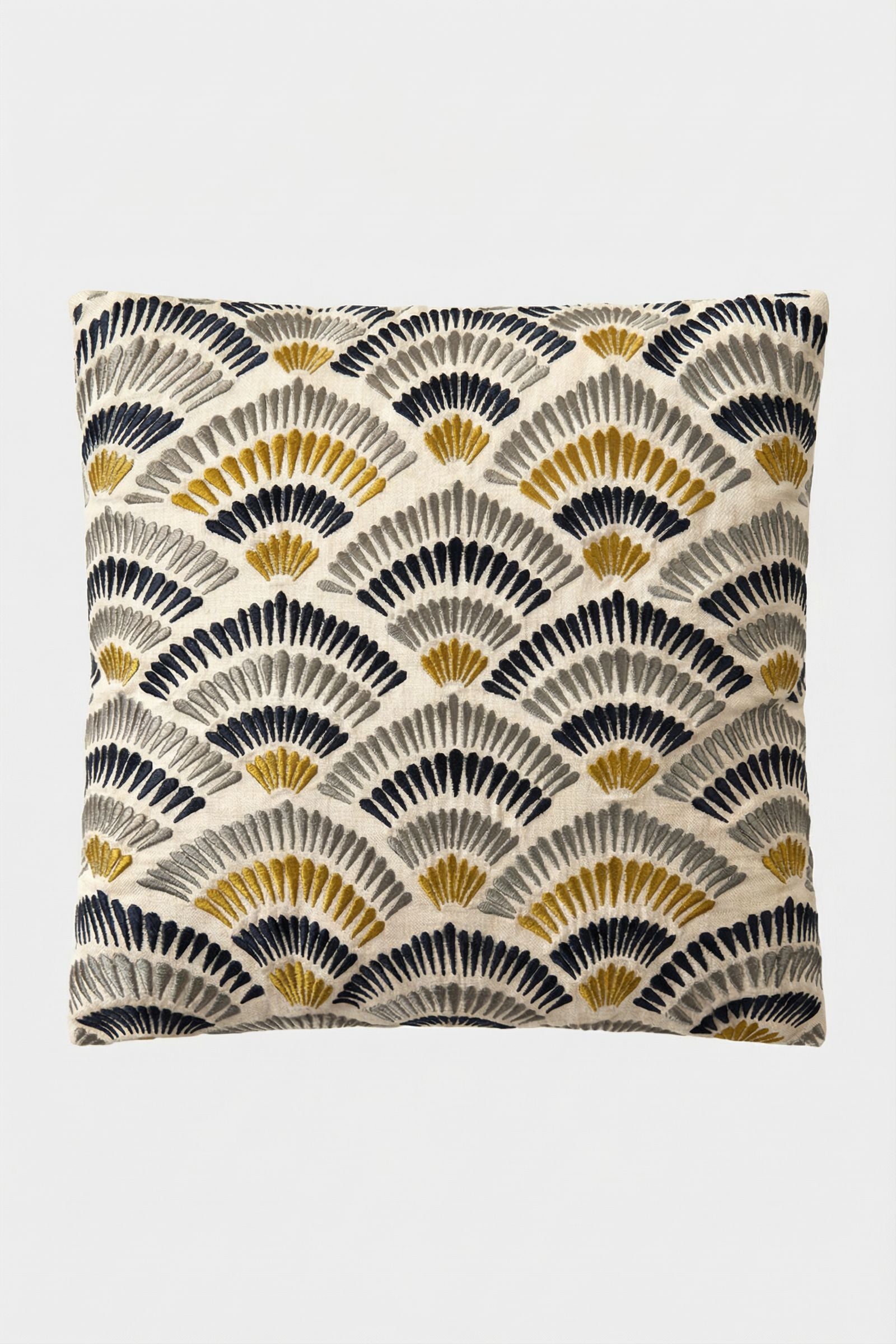 The Pasadena Embroidered Square Pillow features a repeating fan-shaped pattern in black, gold, and gray on a cream background, displayed against a plain white surface.