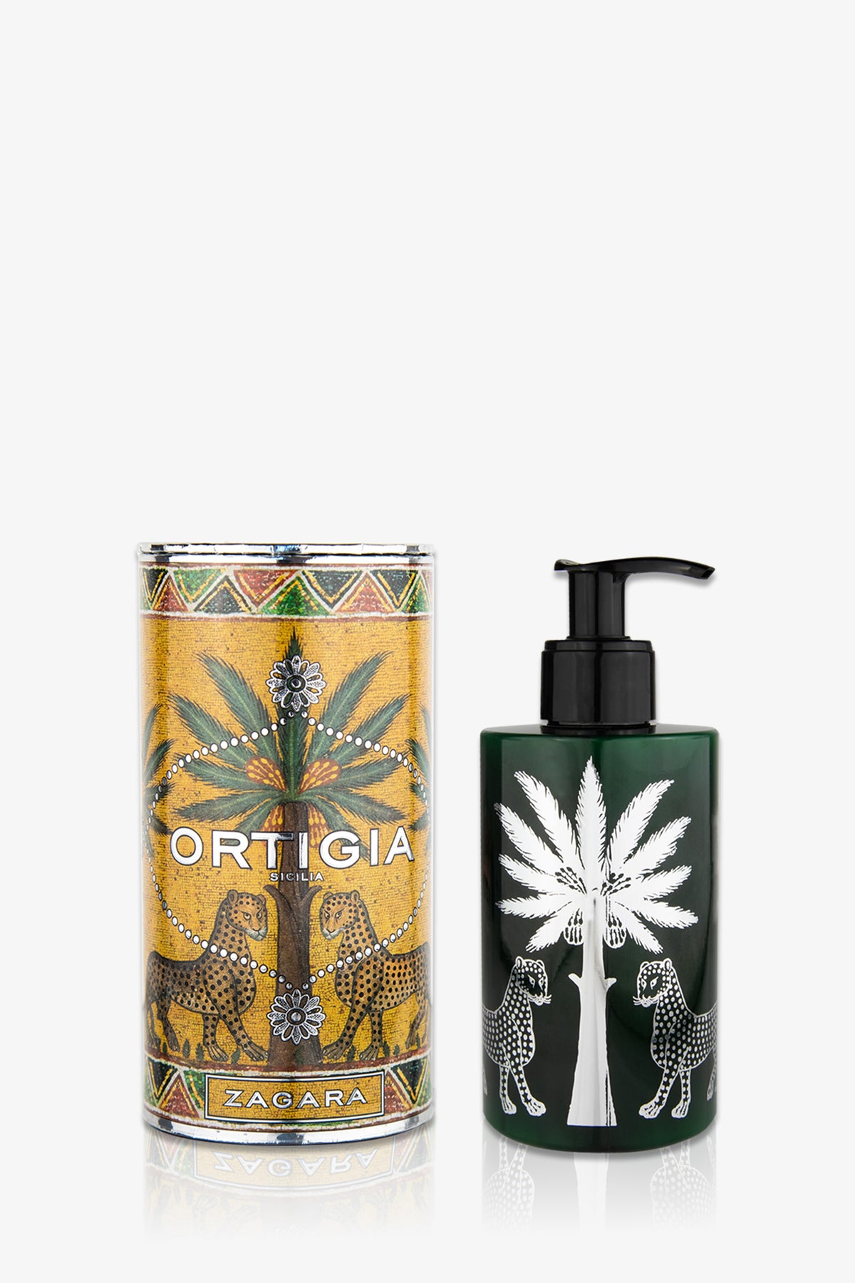 Ortigia Lotion comes in a decorative bottle with a black pump dispenser and a matching container, both featuring palm tree and leopard designs. The brand name “Ortigia” and product name "Ortigia Lotion" are displayed on the container.