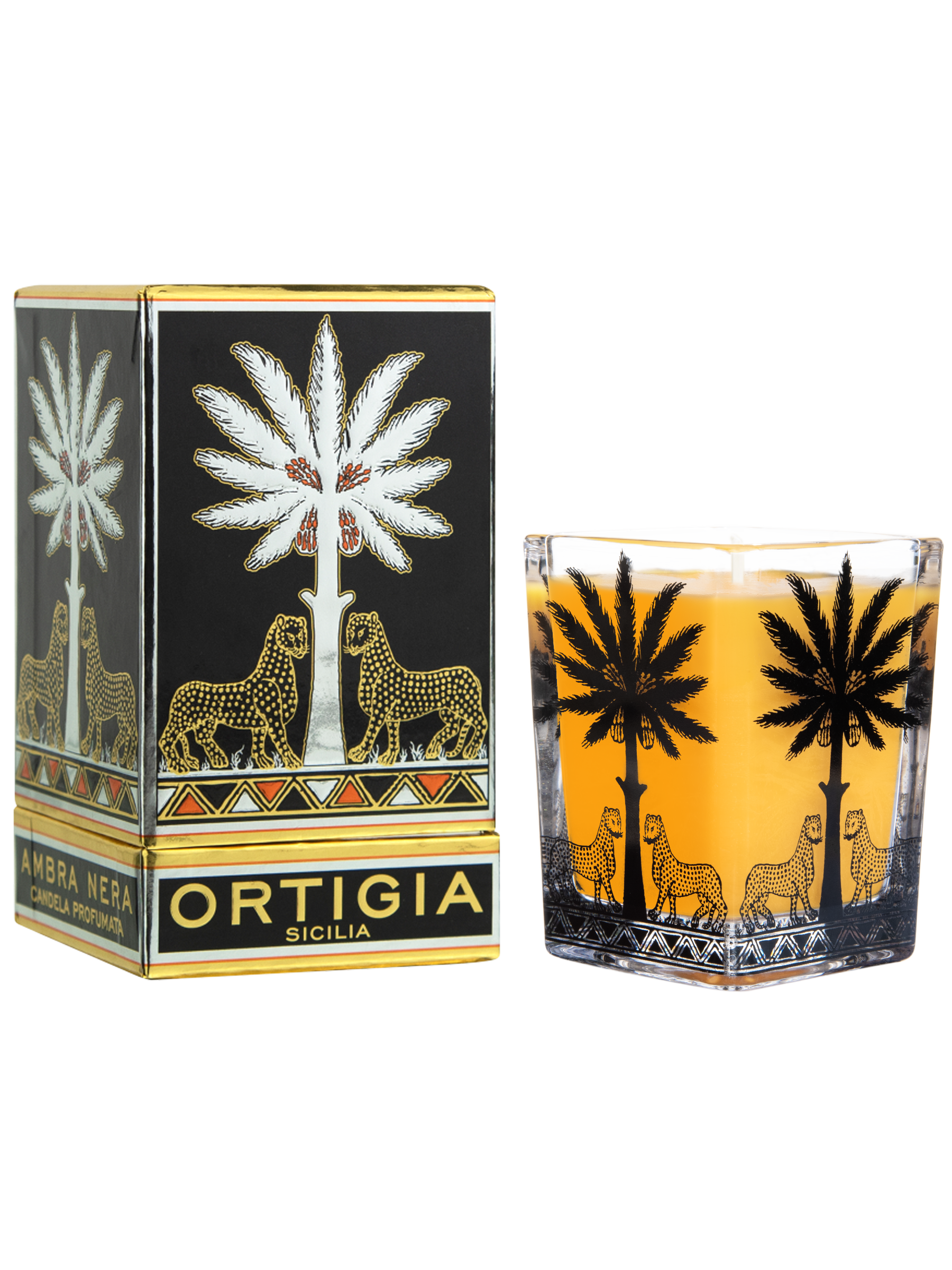The Ortigia Ambra Nera Candle Lgsq is a decorative boxed candle with a black and gold design featuring palm trees and leopards. The glass holder matches the box, both adorned with striking black palm and leopard motifs.