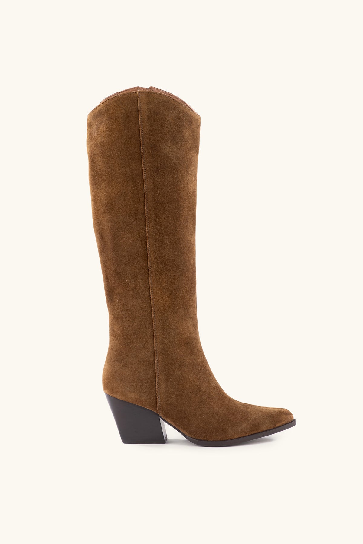 The Begging You Tall Brown Suede Boot With Pointed Toe features a stacked block heel and is displayed in side profile against a plain off-white background.