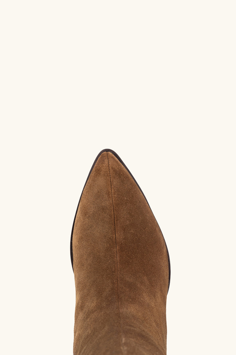 The Begging You Tall Brown Suede Boot features a stacked block heel and pointed toe, shown from the top on a plain off-white background.