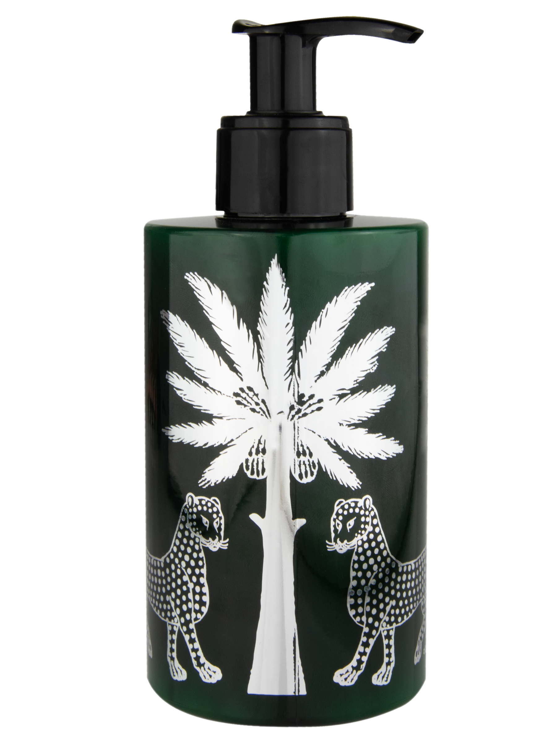 The Ortigia Ambra Nera Lotion comes in a dark green pump bottle with a bold white graphic of two leopards flanking a palm tree.