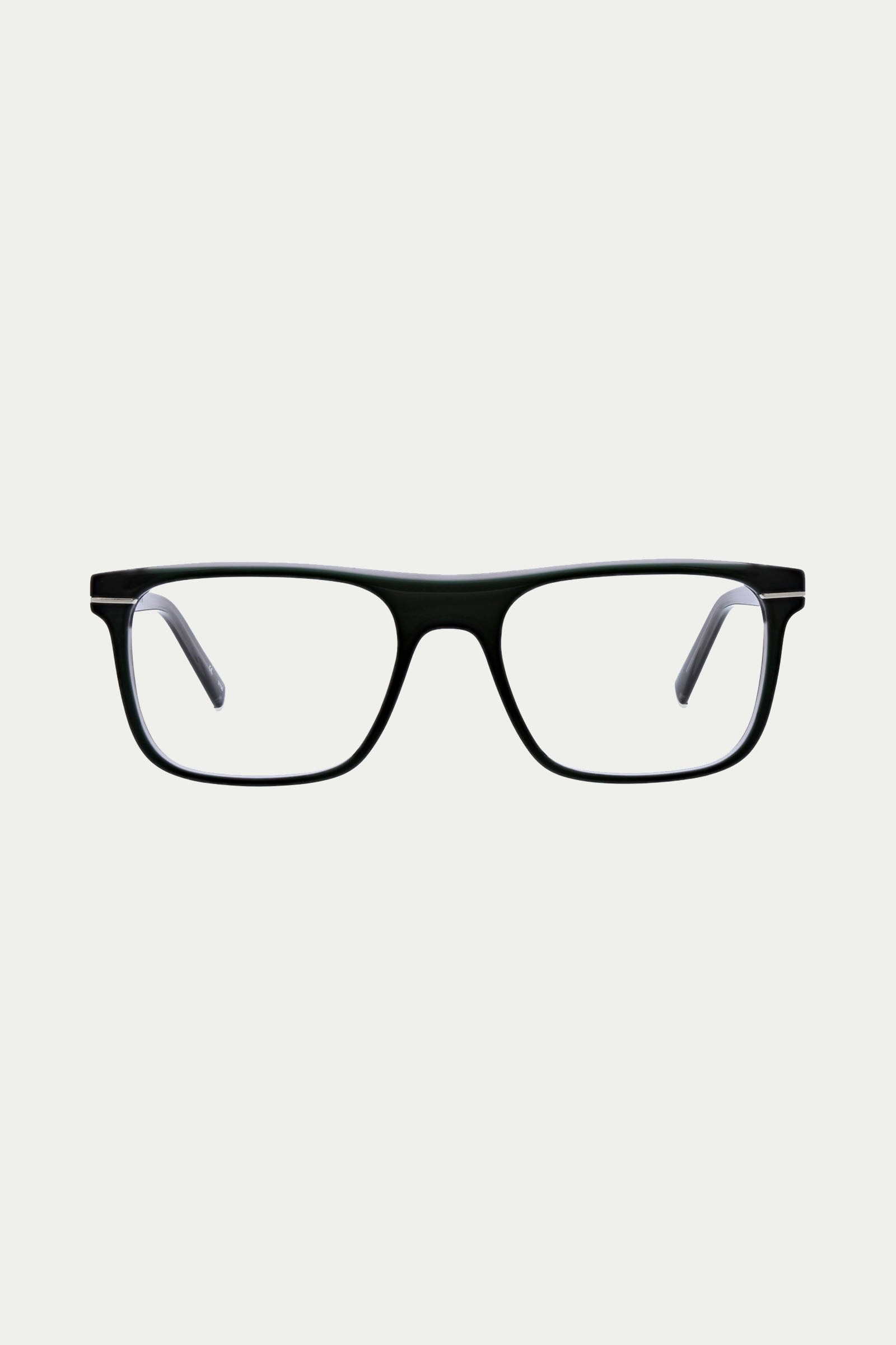 Jacobsen Optical Eyewear—black rectangular eyeglasses with a sleek metal frame, clear prescription lenses, and gently curved arms—displayed on a plain white background.