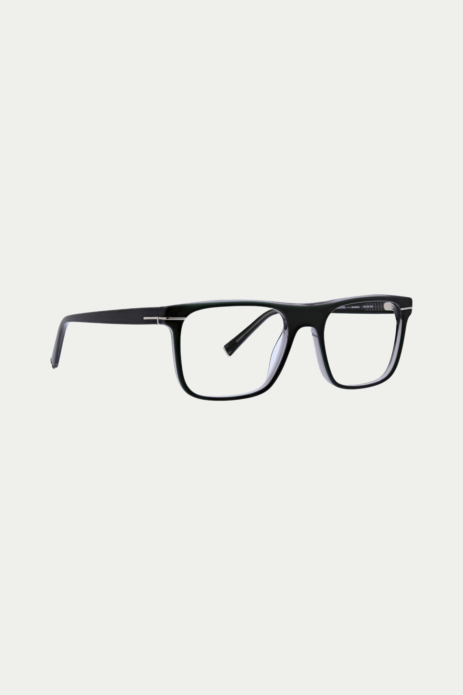 Jacobsen Optical Eyewear: Black rectangular metal frame eyeglasses with clear prescription lenses, displayed on a plain white background.