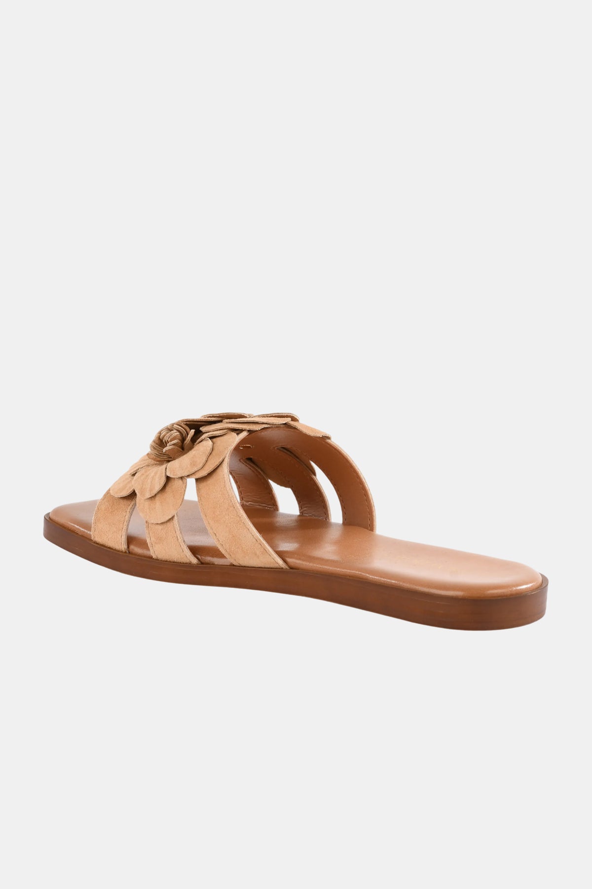 The Seychelles Morning Dew Slide is a tan flat sandal with a brown sole and a decorative flower on the strap, shown against a plain white background.