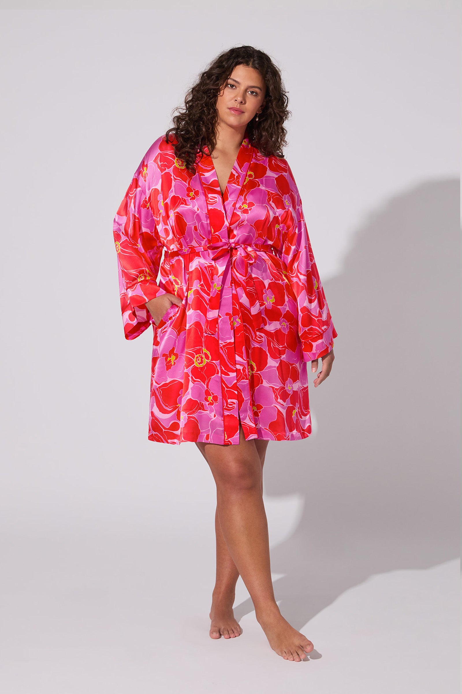 Long-Sleeve Silk Robe - Winter Orchids