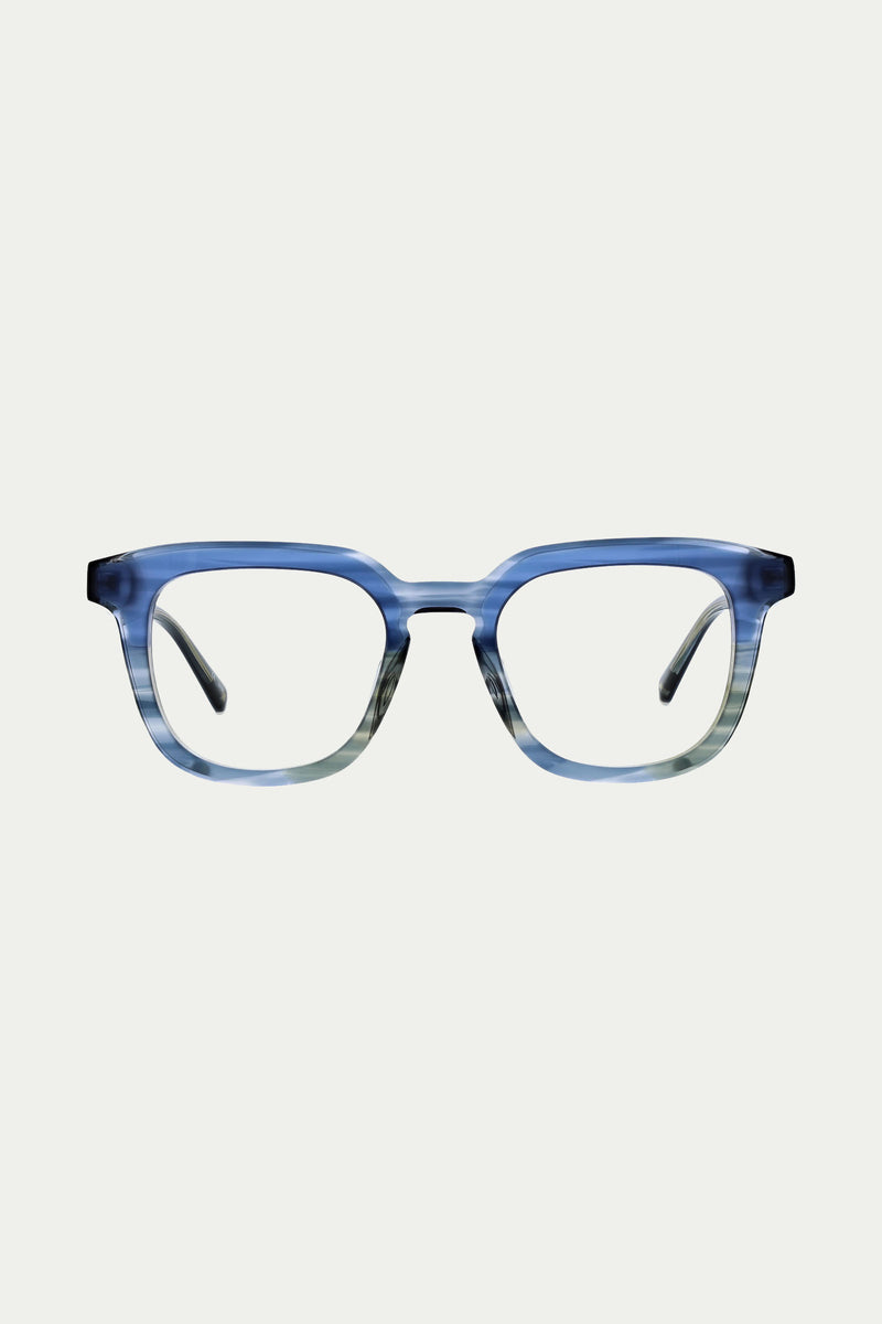 The Stanford Eyeglass features a rectangular translucent frame that fades from blue at the top to gray at the bottom, shown against a plain light background.