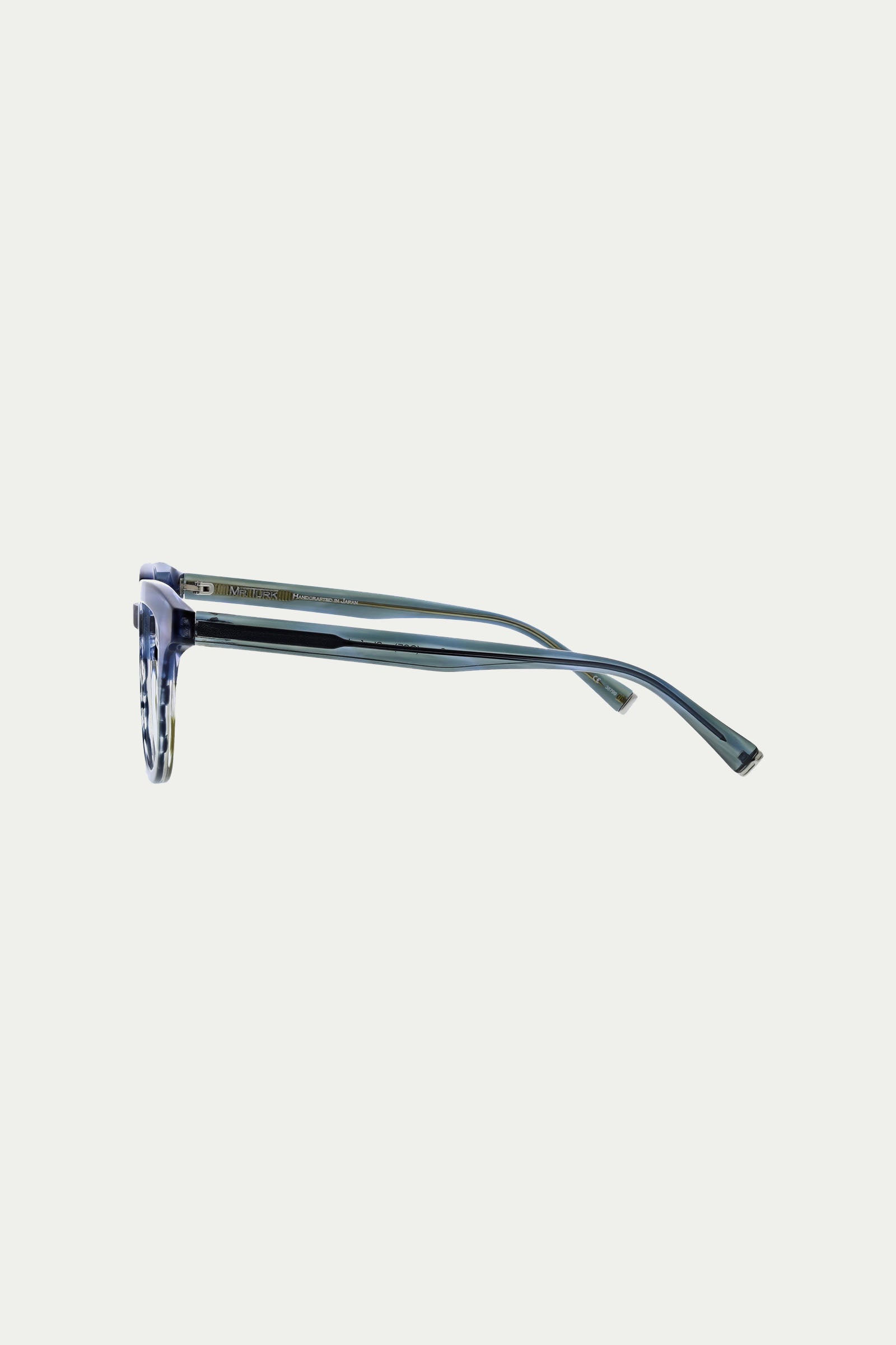 Side view of the Stanford Eyeglass with thin, light blue frames and temples, slightly curved arms at the ends, displayed on a plain white background.