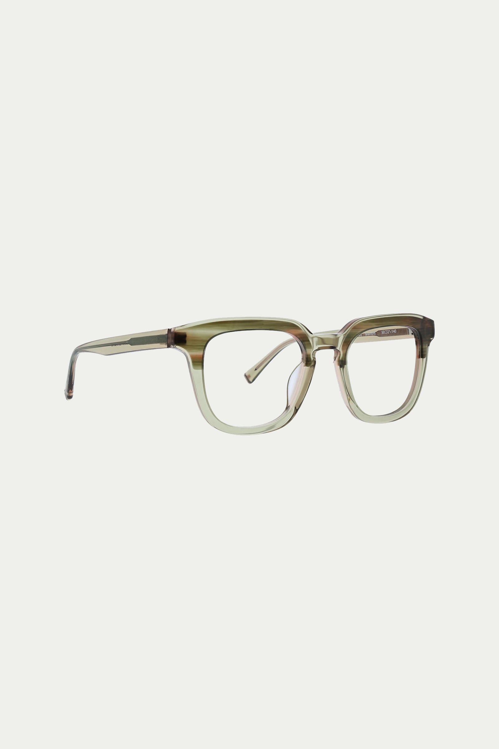 The Stanford Eyeglass features rectangular frames in transparent light greenish-brown, displayed from a side angle on a plain white background.