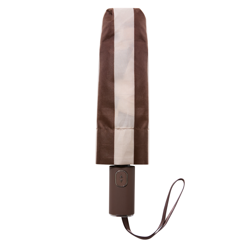 The FABFITFUN UMBRELLA is a closed brown umbrella with a beige vertical stripe, designed with a button on the handle and a wrist strap, photographed against a white background.