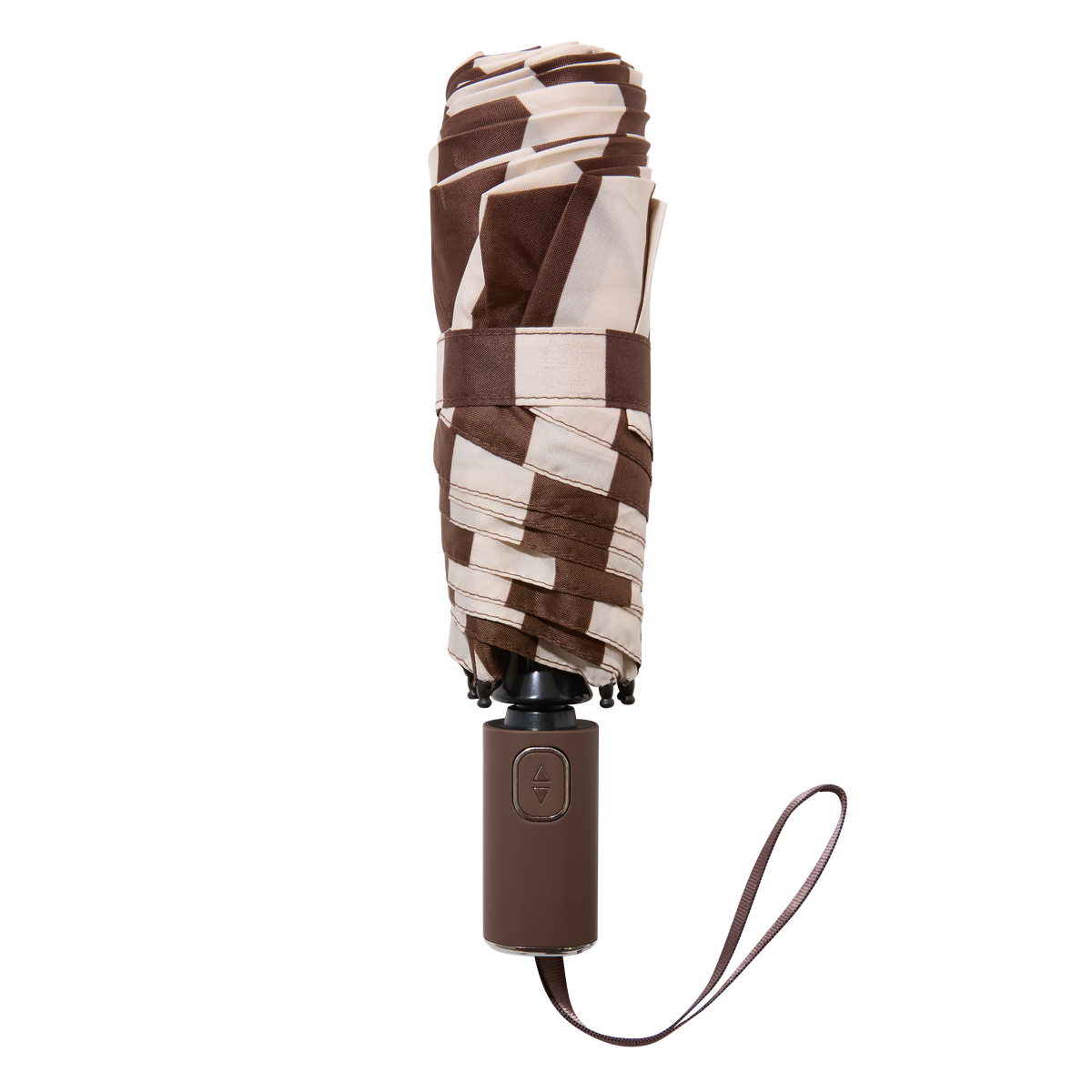 The FABFITFUN UMBRELLA is a closed, compact umbrella with a geometric brown and beige pattern, featuring a dark brown handle and a wrist strap, set against a plain white background.