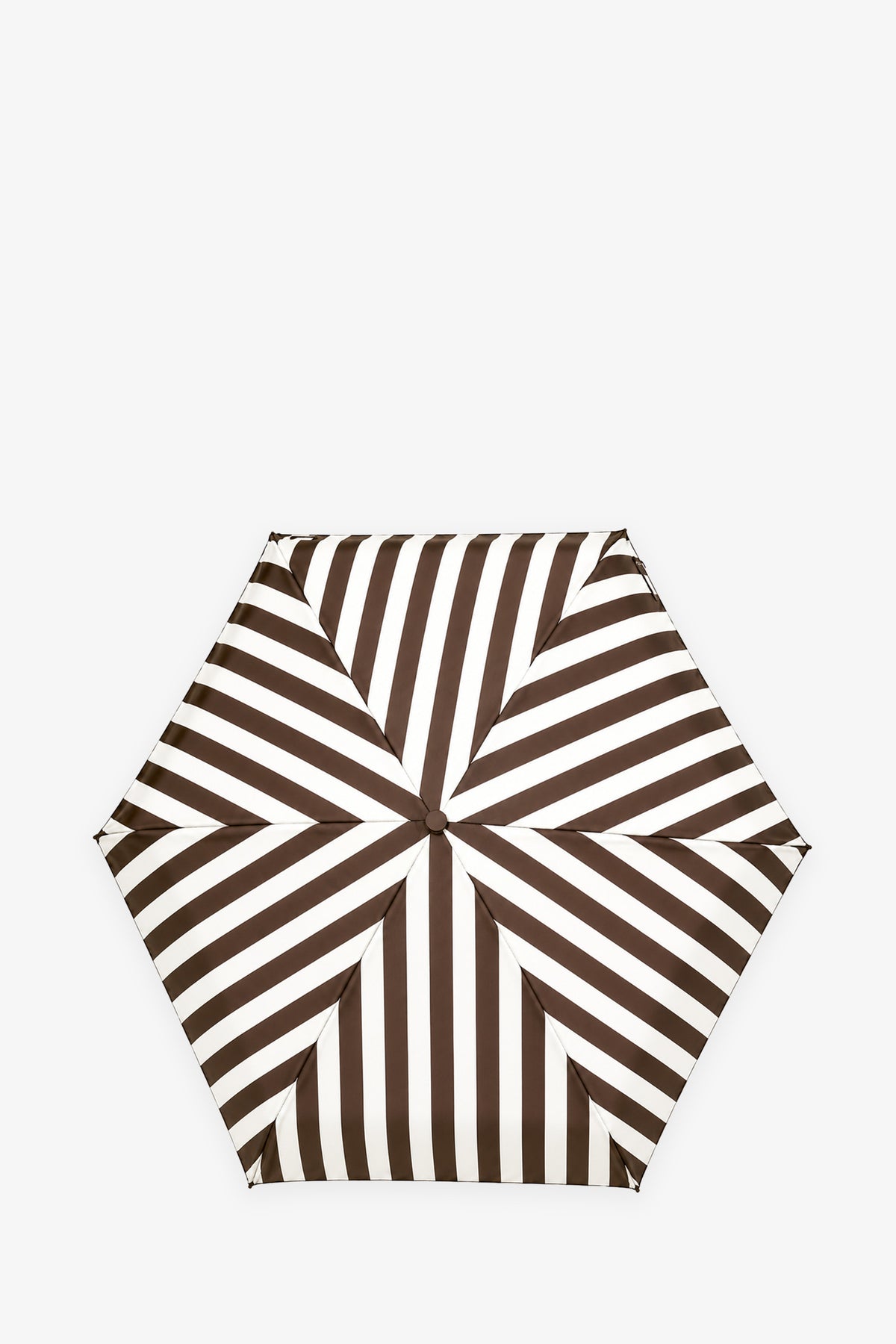 The TT Umbrella features a hexagonal shape with alternating diagonal black and white stripes arranged in a striking geometric pattern, shown from above against a white background.