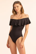 MONACO SOLIDS OFF THE SHOULDER RUFFLE ONE PIECE in BLACK