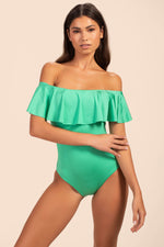 MONACO SOLIDS OFF THE SHOULDER RUFFLE ONE PIECE in FOAM GREEN additional image 5