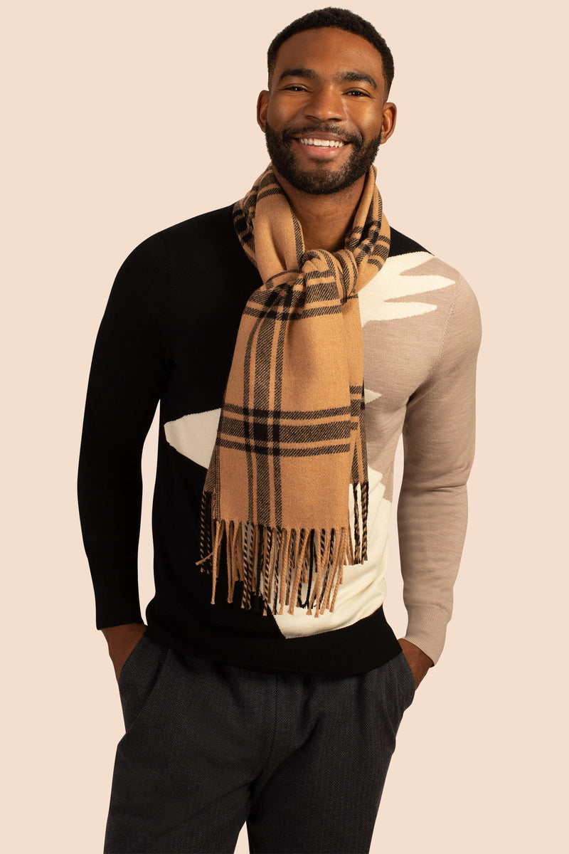 WINDOWPANE FRINGE SCARF in CAMEL/BLACK NEUTRAL