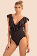 MONACO SOLIDS RUFFLE PLUNGE ONE PIECE SWIMSUIT in BLACK