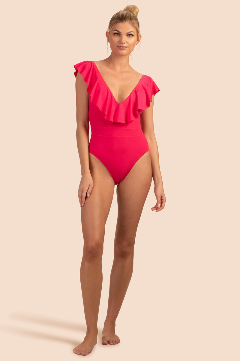 MONACO SOLIDS RUFFLE PLUNGE ONE PIECE SWIMSUIT in GERANIUM ORANGE additional image 7
