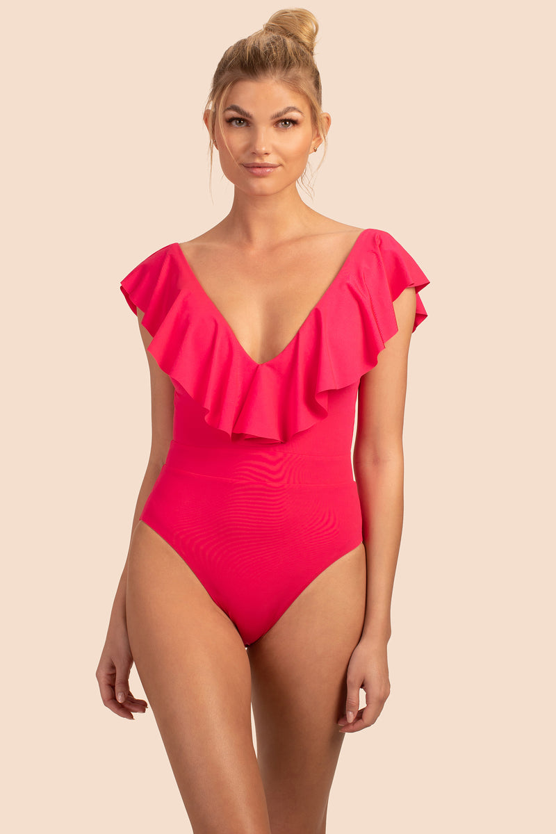 MONACO SOLIDS RUFFLE PLUNGE ONE PIECE SWIMSUIT in GERANIUM ORANGE additional image 4
