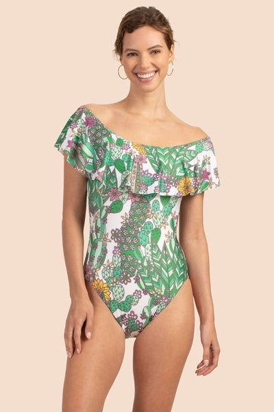 トリートユアセルフ  レースワンピースswimwear Cacti Off The Shoulder Ruffle One Piece
