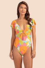 PLAYA DE FLOR FLUTTER SLEEVE CUT-OUT ONE-PIECE SWIMSUIT in MULTI