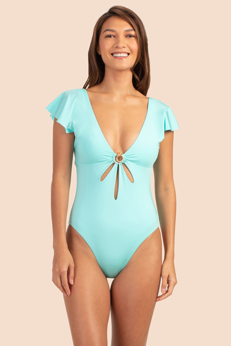 MONACO SOLIDS FLUTTER SLEEVE CUT-OUT ONE-PIECE MAILLOT in SKY