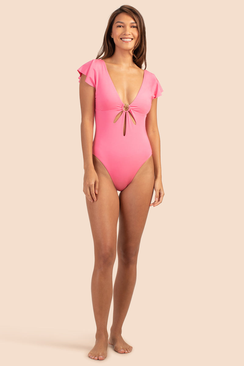 MONACO SOLIDS FLUTTER SLEEVE CUT-OUT ONE-PIECE MAILLOT in GERANIUM PINK additional image 6